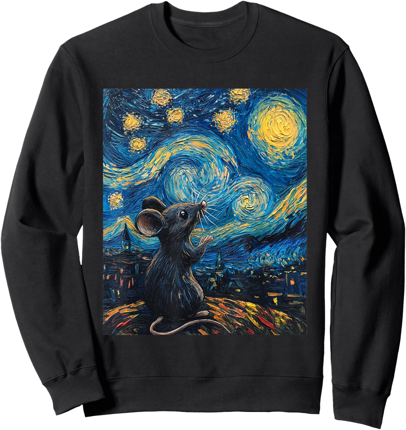 Cute Mouse Rat - Van Gogh Style - Starry Night Graphic Sweatshirt - Sweatshirt | Black