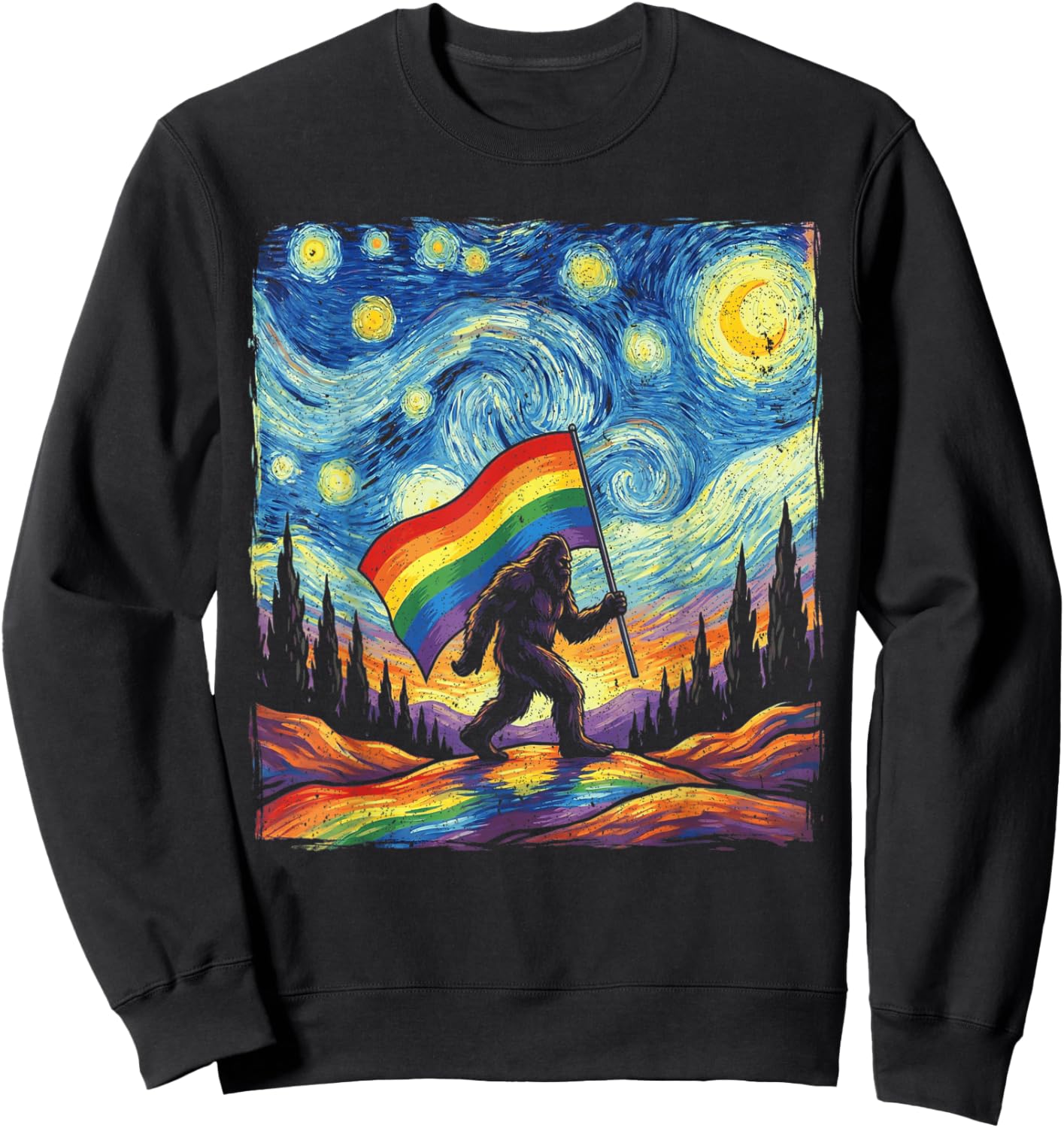Bigfoot Starry Night Sasquatch Gay Pride LGBT Support Sweatshirt - Sweatshirt | Black