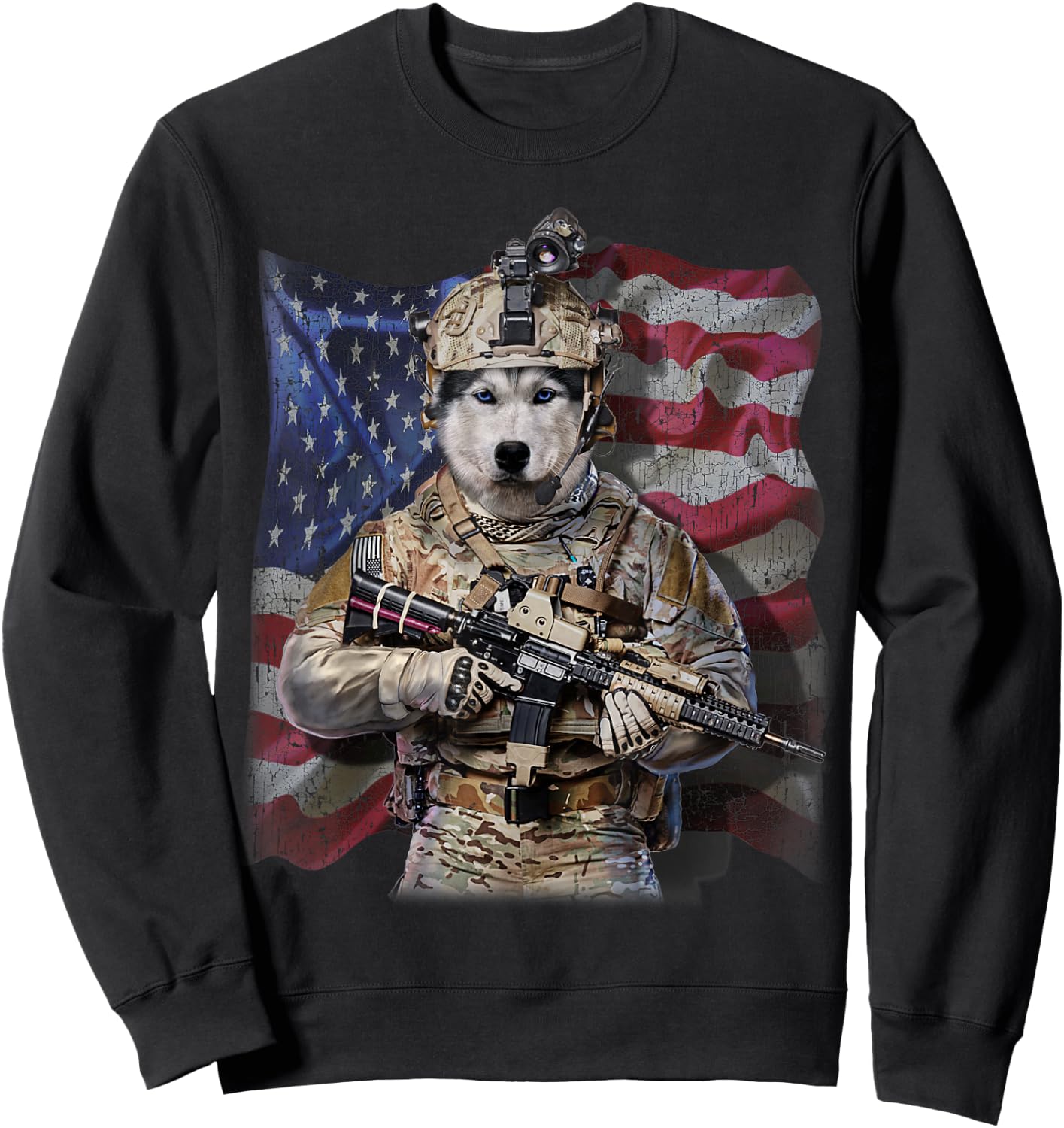 USA Patriot Siberian Husky Dog as Army Commando Sweatshirt - Sweatshirt | Black