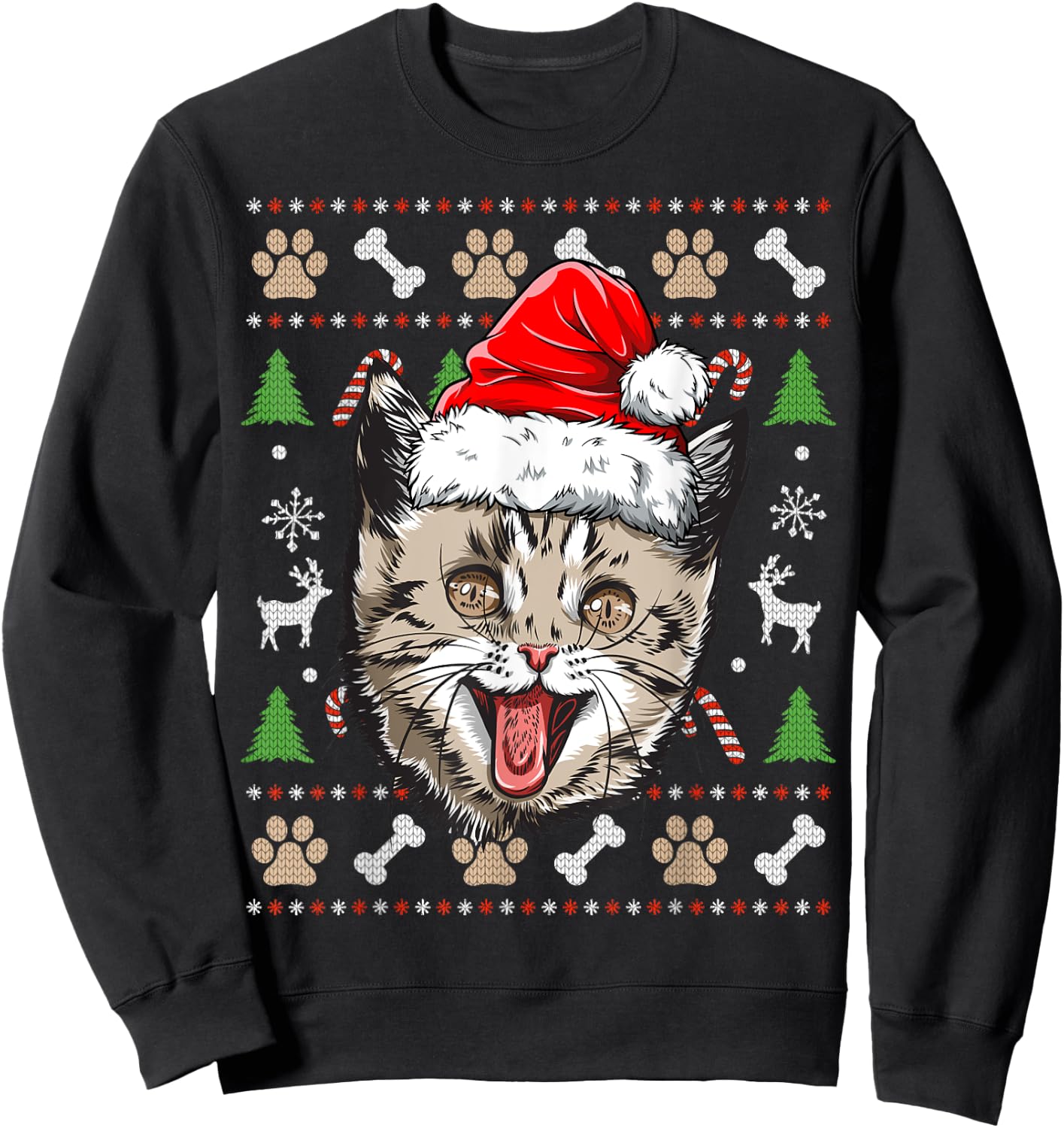 Cat Ugly Christmas Santa Hat Xmas Boys Kids Girls Catmas Sweatshirt - Sweatshirt | Black
