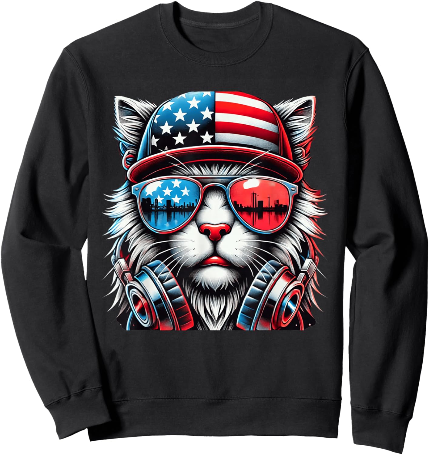 4th of July Cat USA Flag Patriotic Funny Men Boys Kids Sweatshirt - Sweatshirt | Black