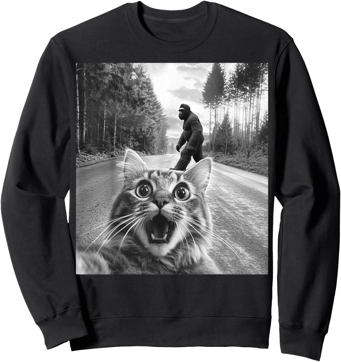 Funny Cat Selfie Bigfoot Big Foot Graphic Sasquatch Meme Sweatshirt - Sweatshirt | Black