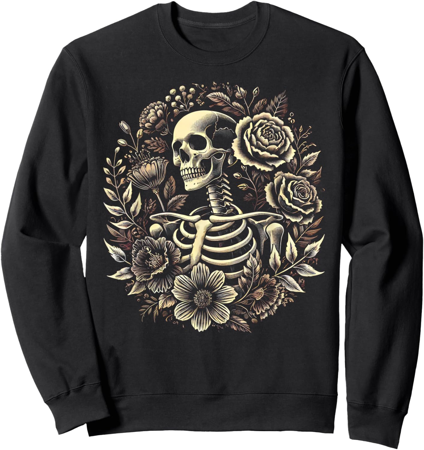 Floral Skeleton Flowers Goth Occult Death Dark Aesthetic Sweatshirt - Sweatshirt | Black