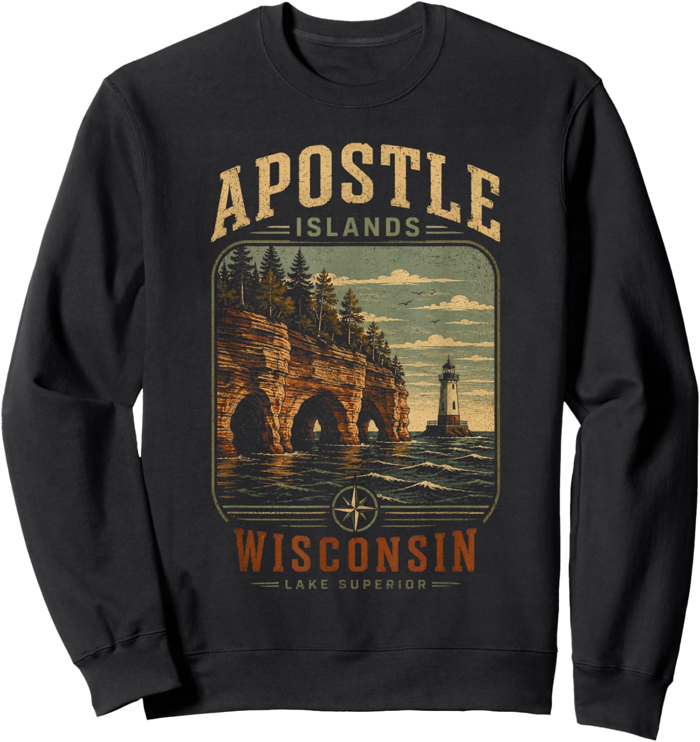 Vintage Apostle Islands Wisconsin Sea Caves Lighthouse Sweatshirt - Sweatshirt | Black