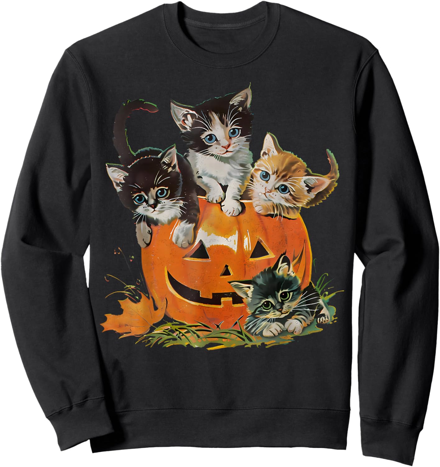 Vintage 90s Cat Pumpkin Halloween Retro Floral Spooky Season Sweatshirt - Sweatshirt | Black
