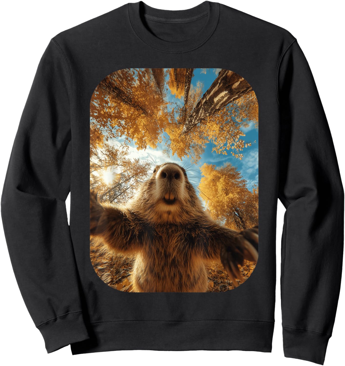 Cute Beaver Selfie Fall Leaves Forest Autumn Animal Graphic Sweatshirt - Sweatshirt | Black