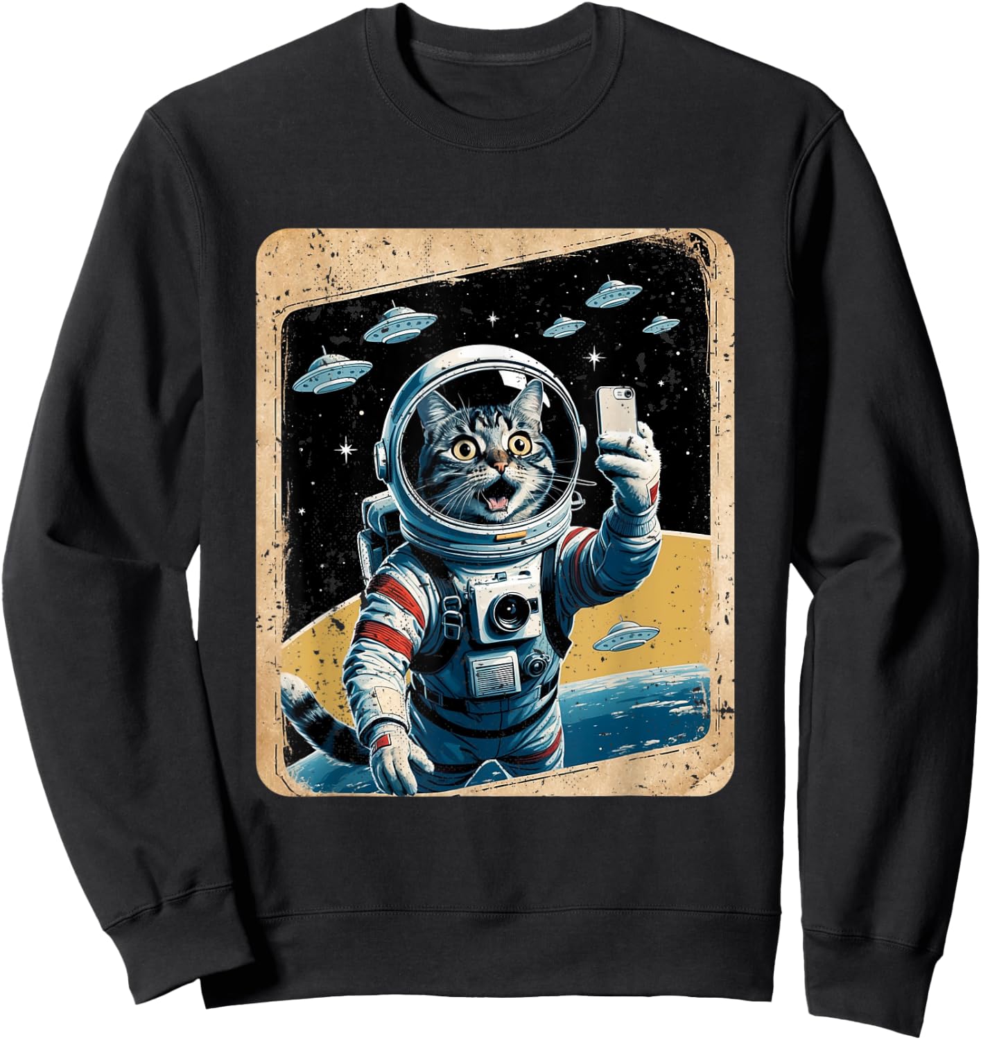 Space Cat Astronaut UFO Funny Sci-fi Alien Selfie Sweatshirt - Sweatshirt | Black