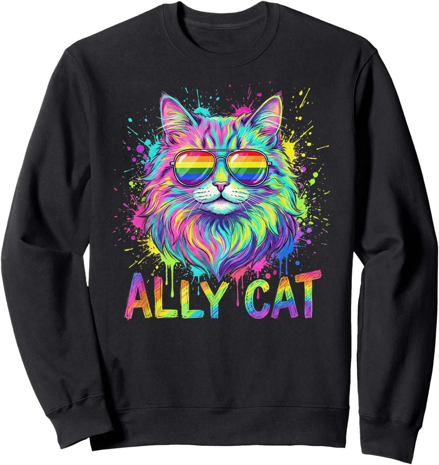 Ally Cat LGBTQ Rainbow Pride Month Purride Animal Men Women Sweatshirt - Sweatshirt | Black