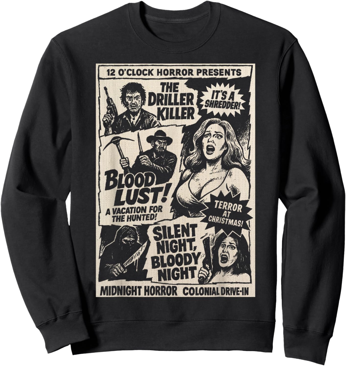 Midnight Horror Show Retro Drive in Slasher Cult Classic Sweatshirt - Sweatshirt | Black