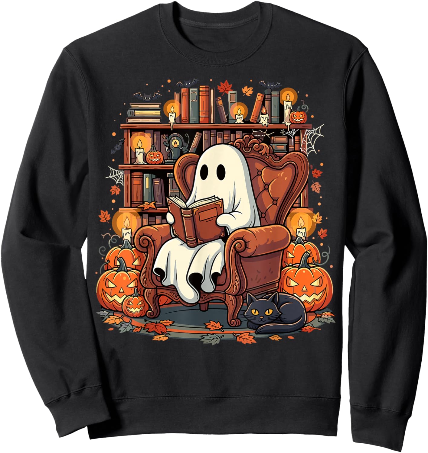 Halloween Ghost Reading Books Pumpkin Black Cat Library Sweatshirt - Sweatshirt | Black