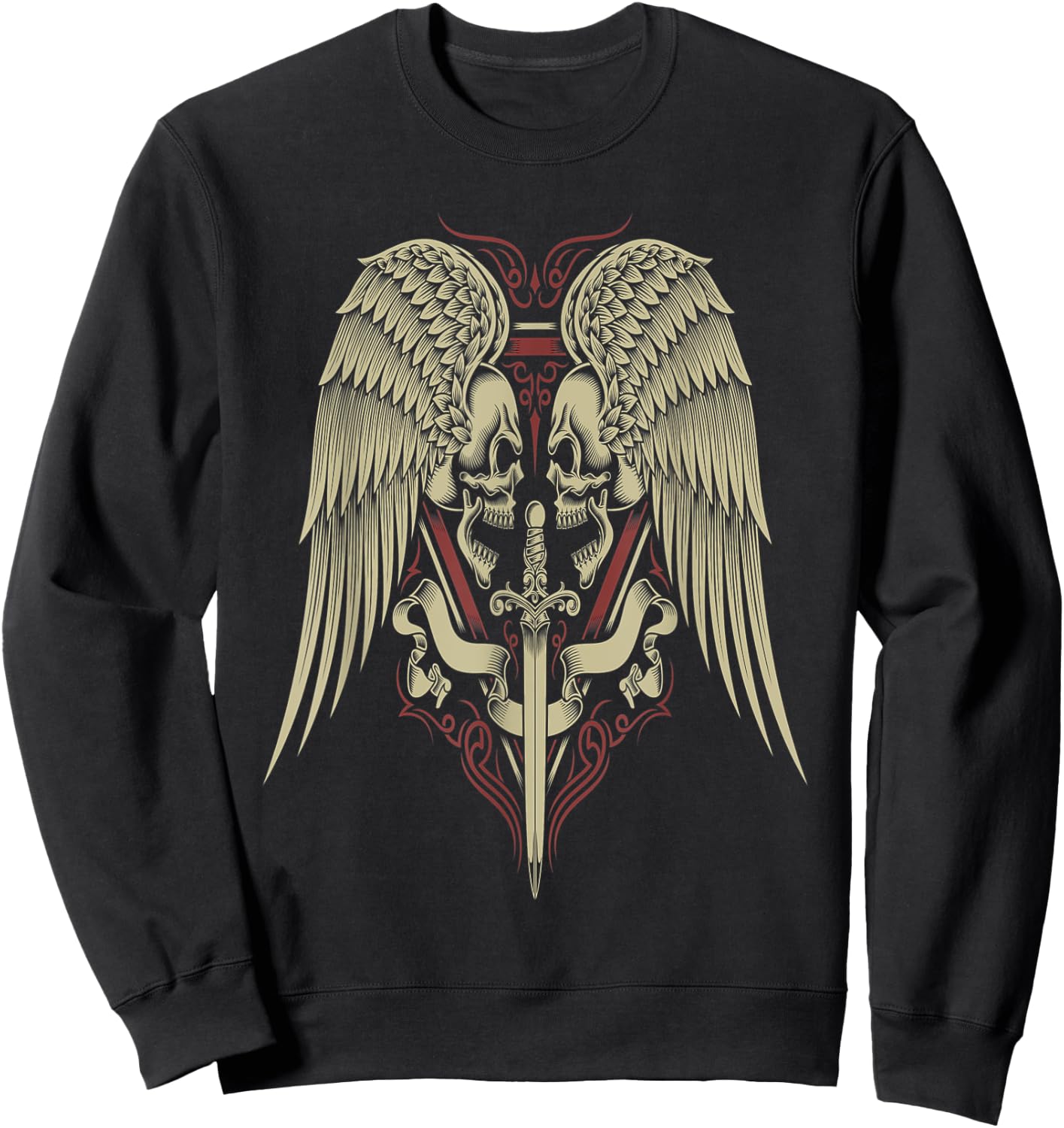 Skull Motorcycle Biker Medieval Sword Angel Wings Goth Sweatshirt - Sweatshirt | Black