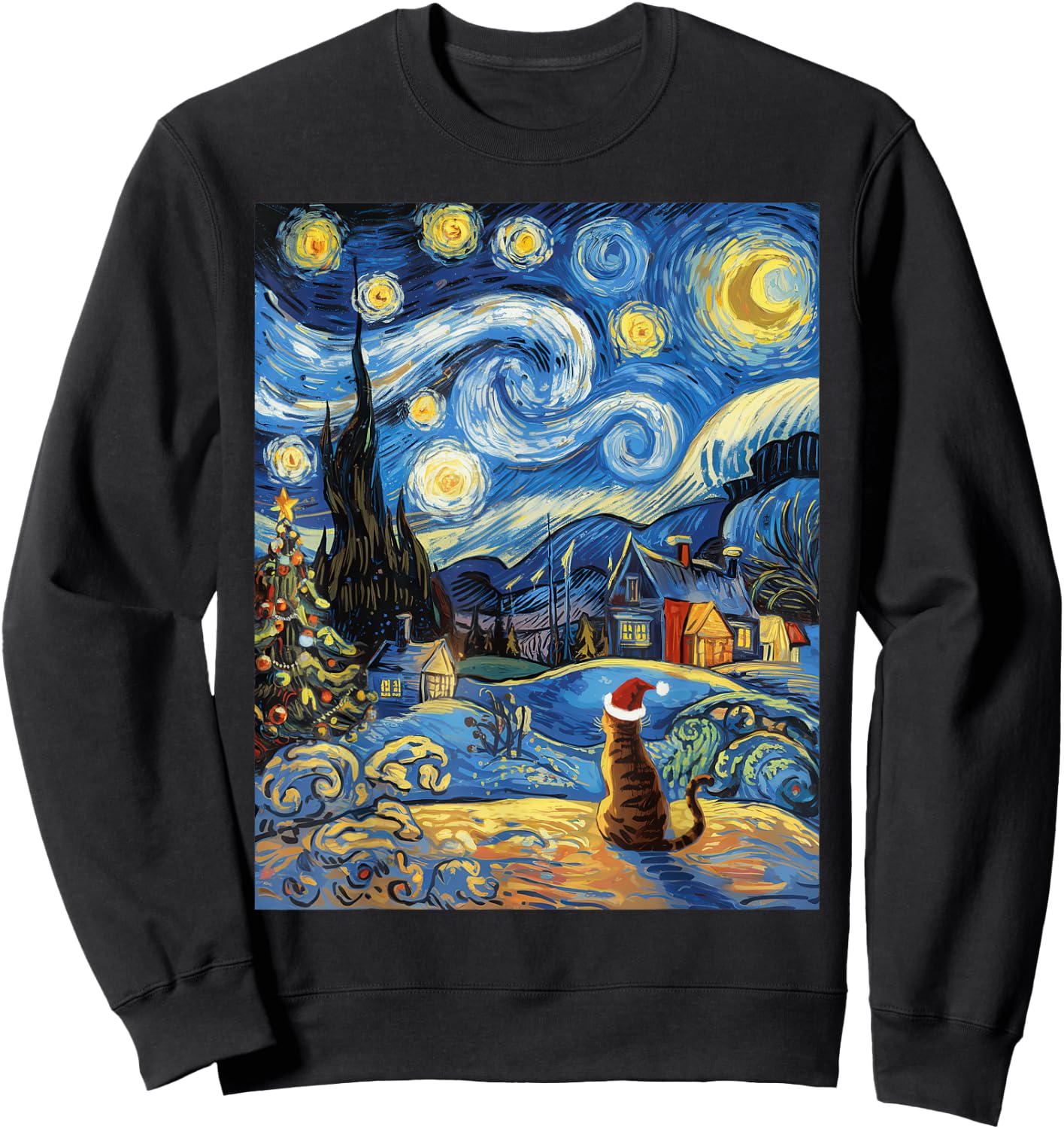 Starry Night Festive Christmas Cat Santa Winter Xmas Women Kids Sweatshirt - Sweatshirt | Black