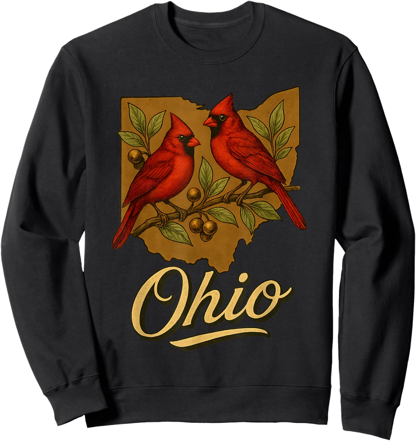 Ohio Cardinal Birds with State Outline Nature Art Sweatshirt - Sweatshirt | Black