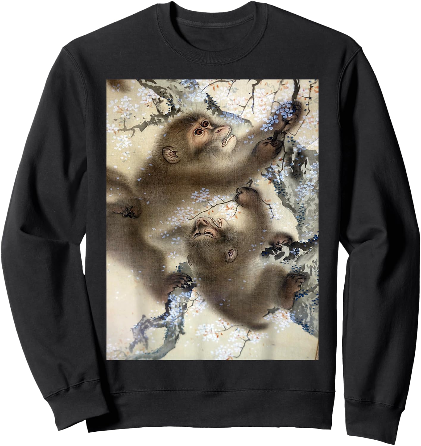 Monkeys In Cherry Blossom Tree Japanese Art Woodblock Sweatshirt - Sweatshirt | Black