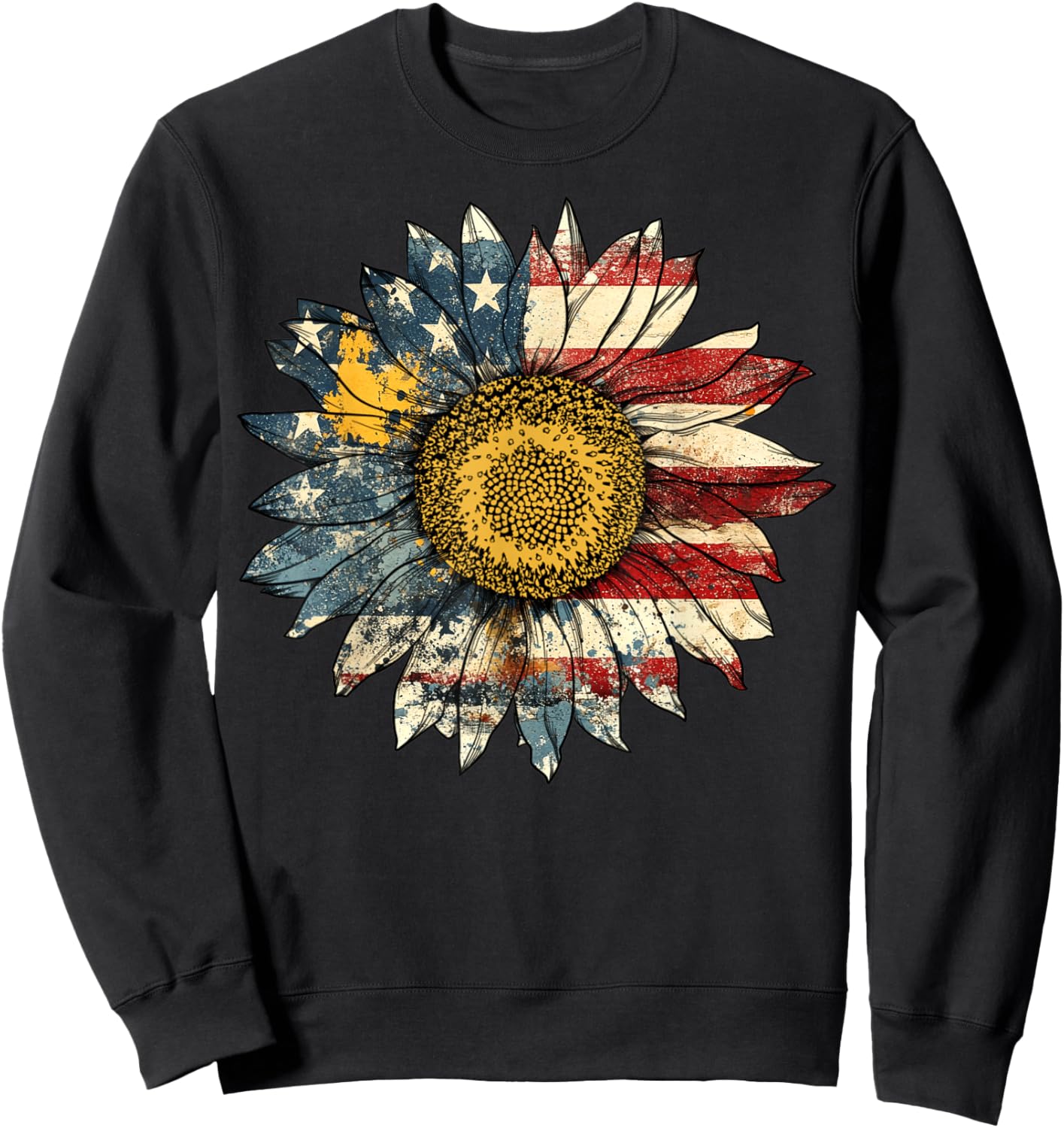 Sunflower American Flag 4th of July USA Women Men Sweatshirt - Sweatshirt | Black