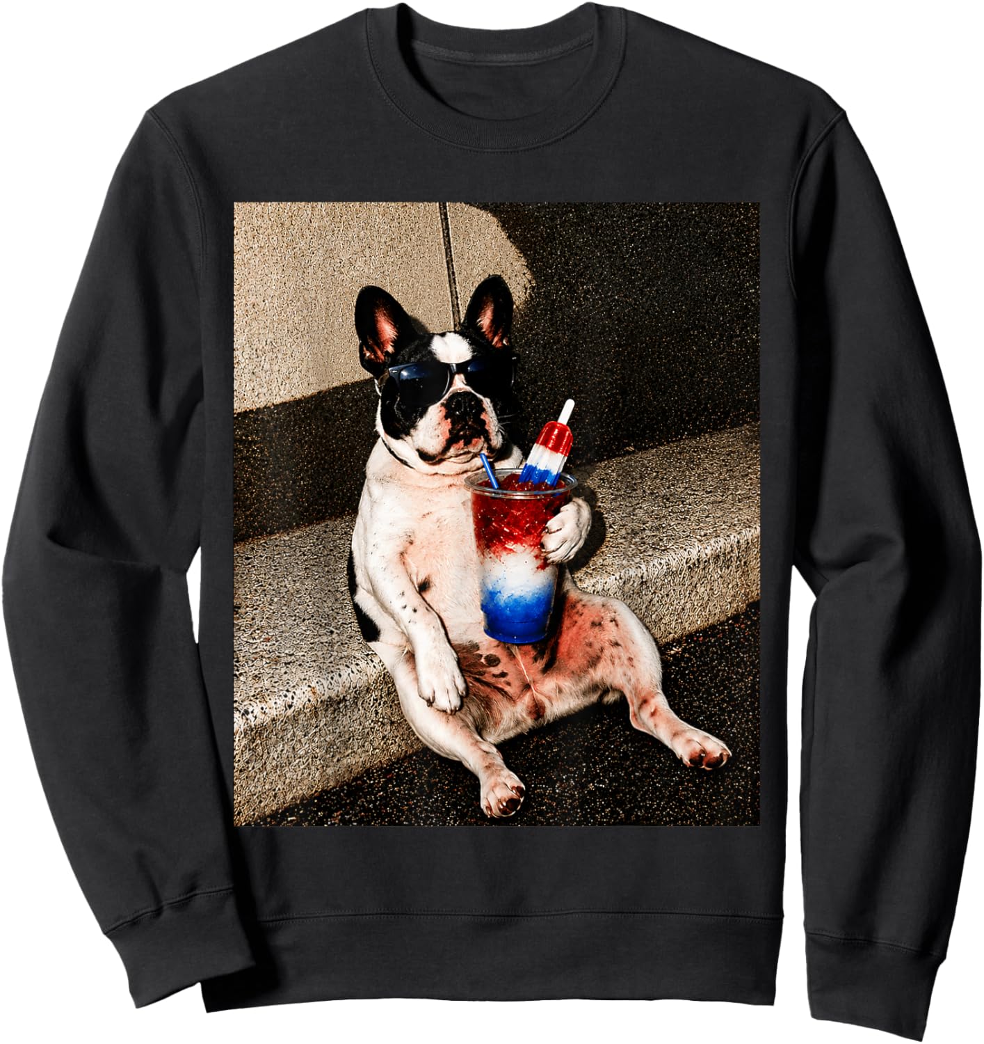 Patriotic French Bulldog Drinking Slushie Red White Blue Sweatshirt - Sweatshirt | Black