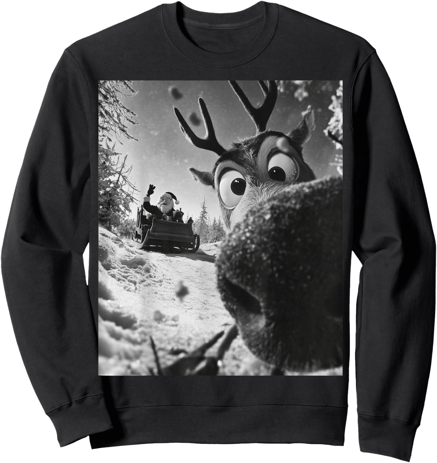 Funny Reindeer Selfie Christmas Santa Claus on his Sleigh Sweatshirt - Sweatshirt | Black