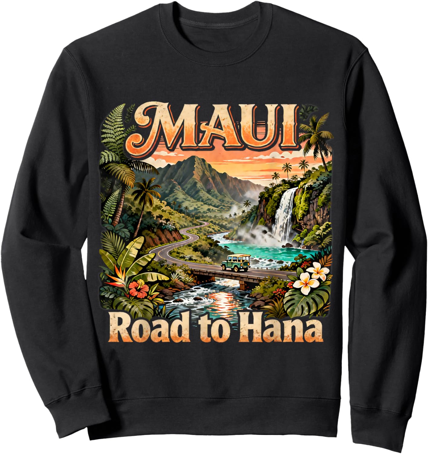 Vintage Maui Road to Hana Waterfall Tropical Summer Souvenir Sweatshirt - Sweatshirt | Black