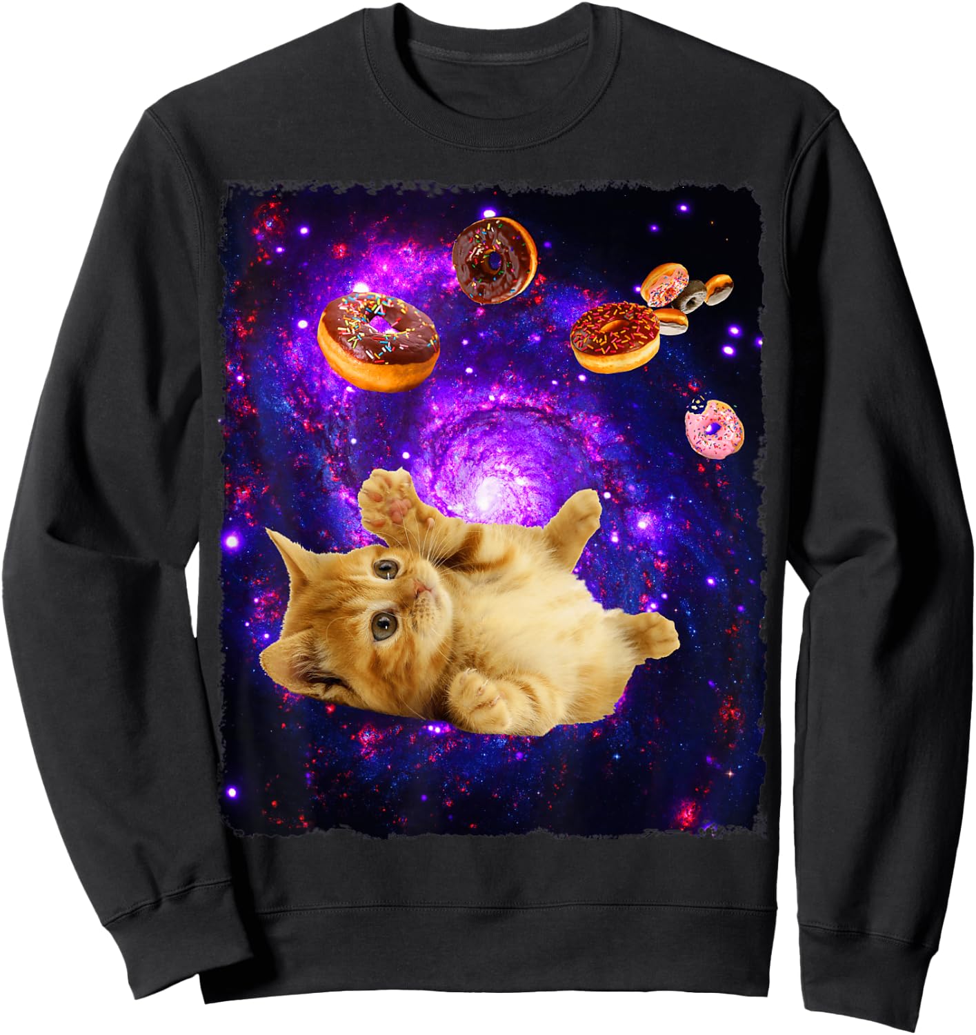 Space Cat Doughnut Shirt Super Flying Kitty Galaxy T Shirt Sweatshirt - Sweatshirt | Black