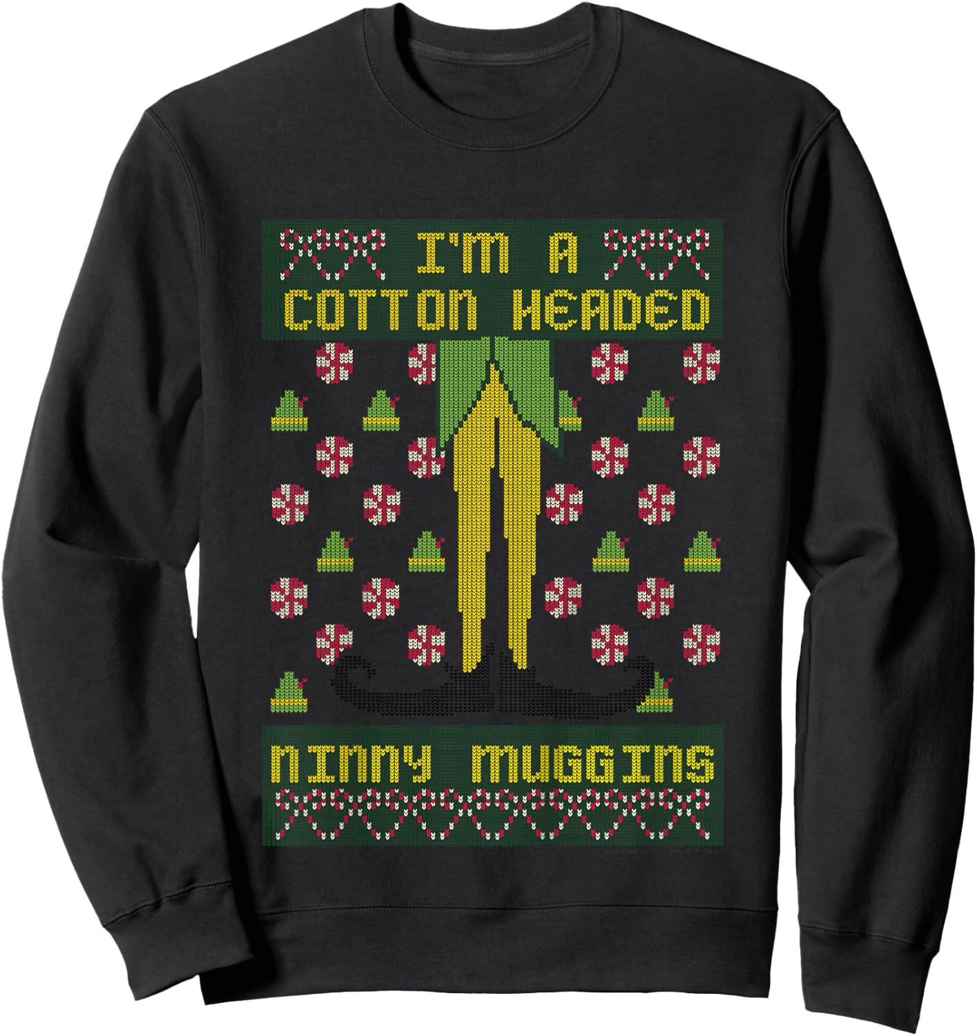 Kids Elf Buddy Cotton Headed Ninny Muggins Holiday Pattern Sweatshirt - Sweatshirt | Black
