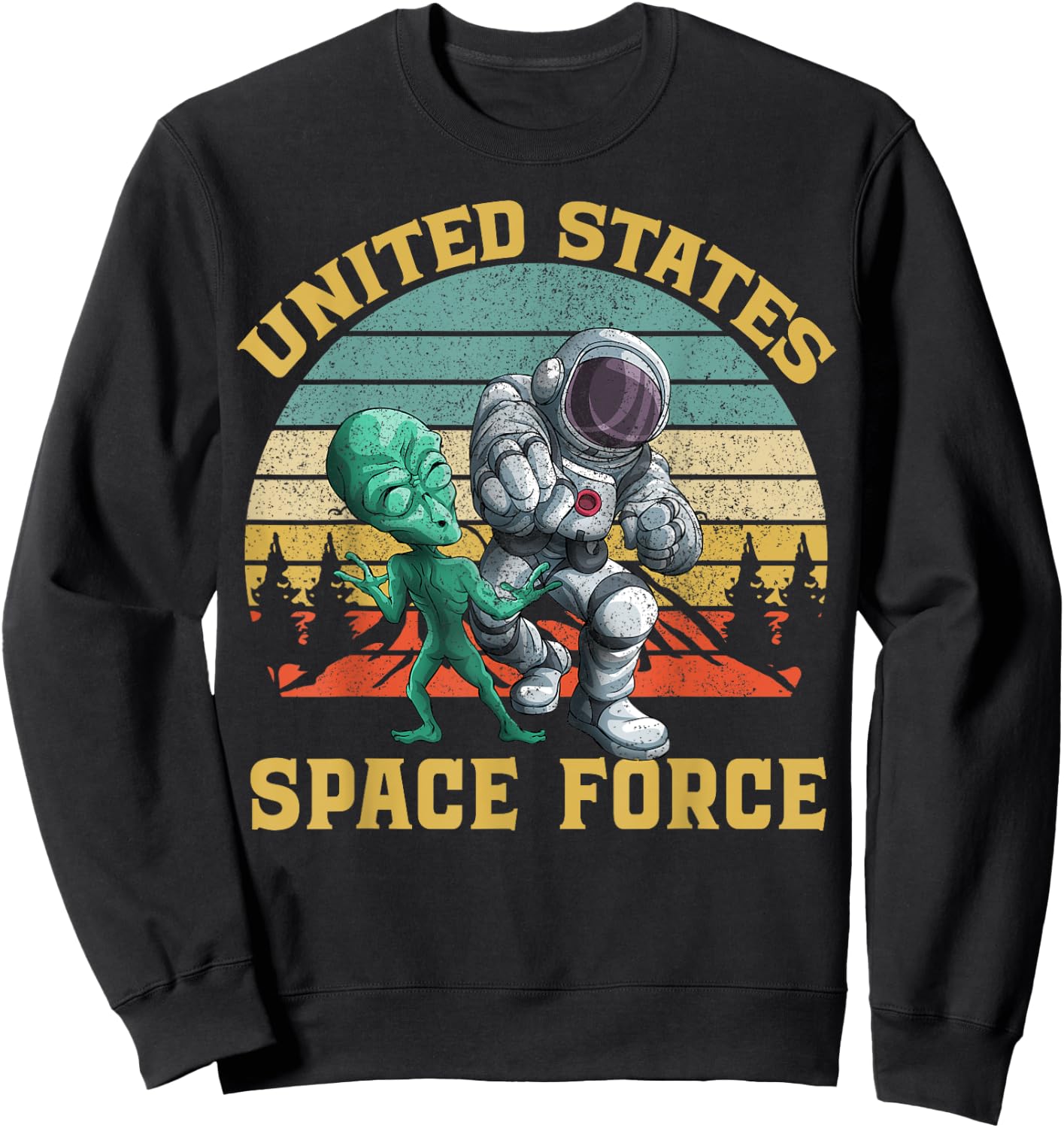 Retro US Space Force Graphic Vintage Sunset Alien Punch Gift Sweatshirt - Sweatshirt | Black