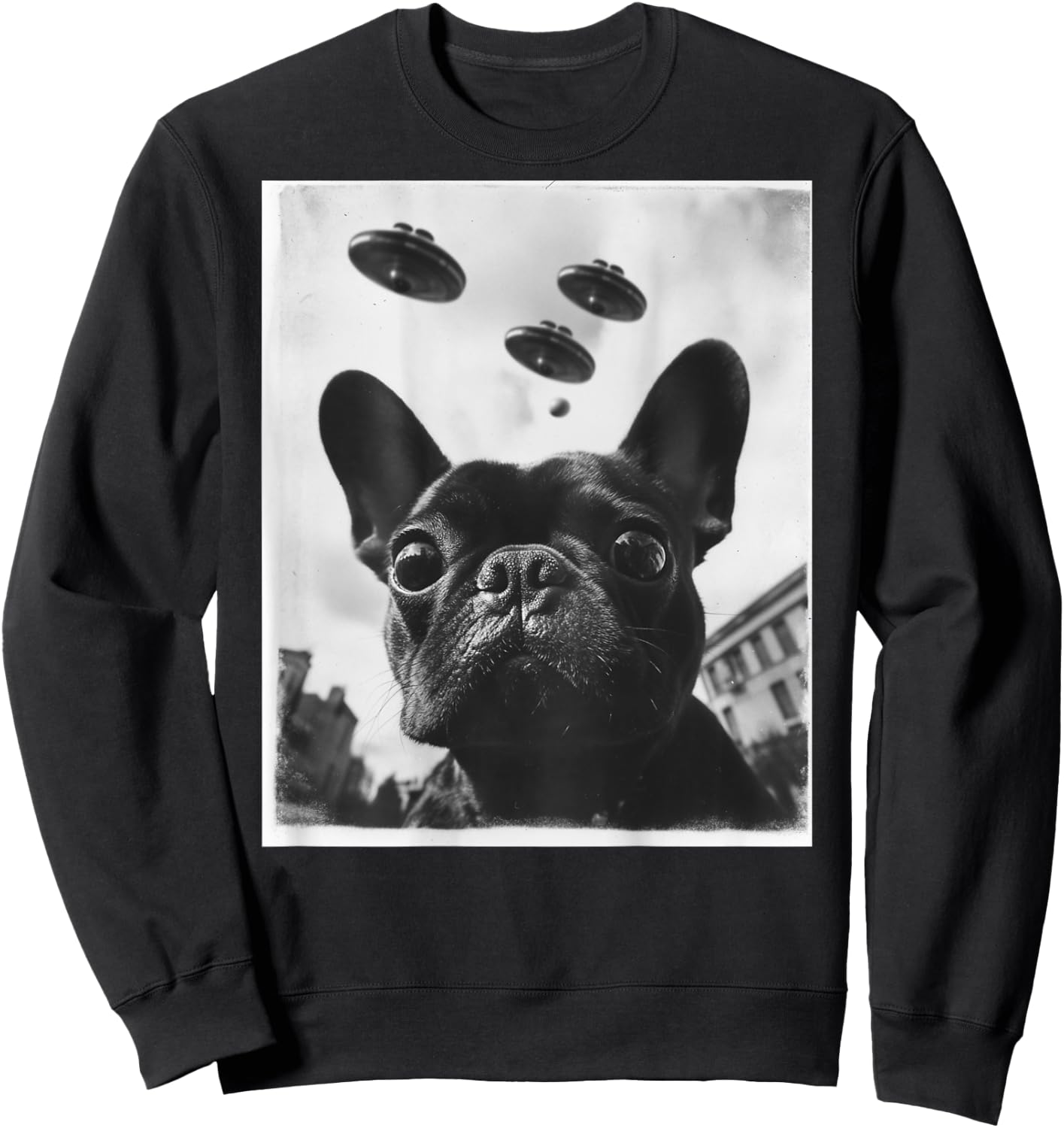 Funny graphic French Bulldog Frenchie UFO Alien Funny weird Sweatshirt - Sweatshirt | Black