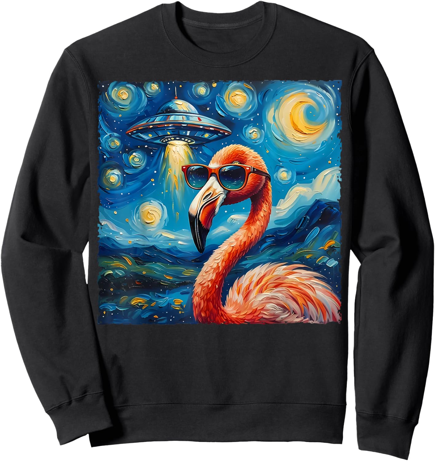 Flamingo Van Gogh Style The Starry Night Alien UFO Sci-Fi Sweatshirt - Sweatshirt | Black