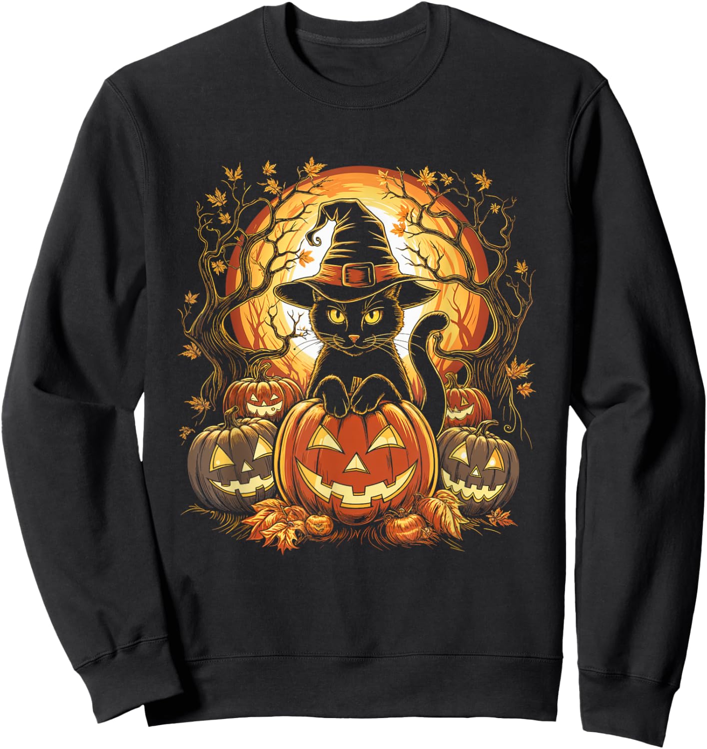 Halloween Black Cat Pumpkin Witch Cat Scary Halloween Sweatshirt - Sweatshirt | Black