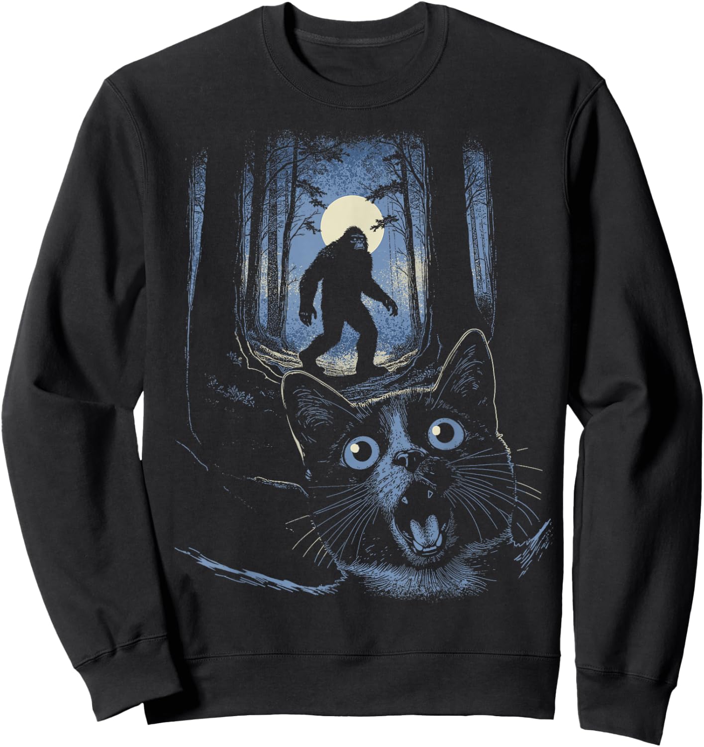 Funny Surprised Scared Cat Selfie With Bigfoot Sasquatch Sweatshirt - Sweatshirt | Black