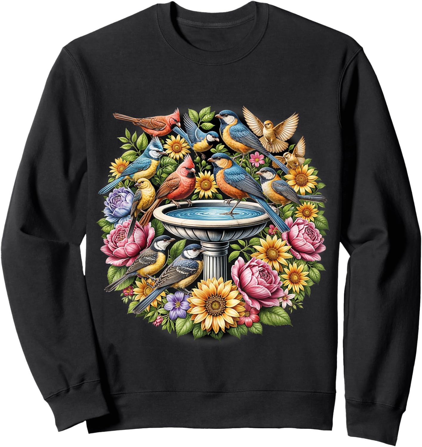 Birds Spring Flowers Shirt Water Fountain Birdwatcher Birder Sweatshirt - Sweatshirt | Black
