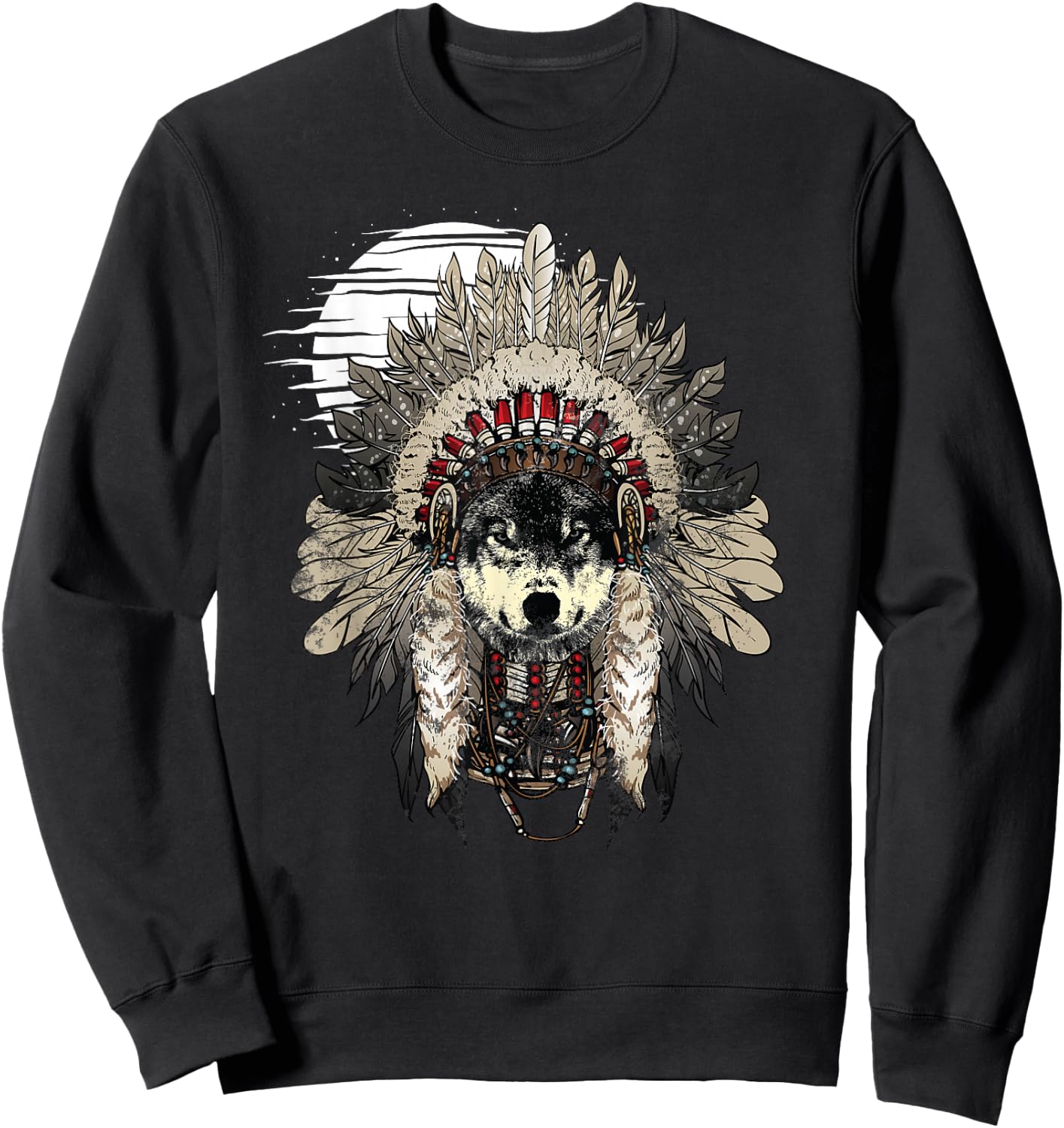 Wolf T Shirt Moon Native American Headdress Wolves Clothing Sweatshirt - Sweatshirt | Black