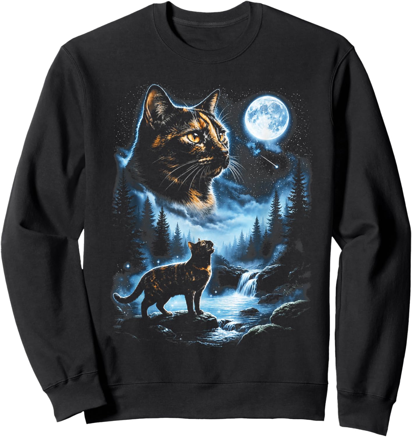 Tortoiseshell Cat Howling At Moon Celestial Parody Design Sweatshirt - Sweatshirt | Black