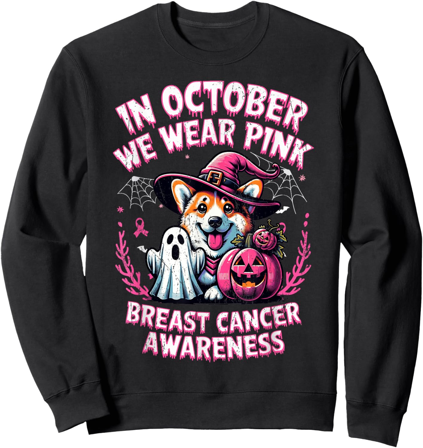 In October We Wear Pink Ghost Corgi Dog Breast Cancer Sweatshirt - Sweatshirt | Black