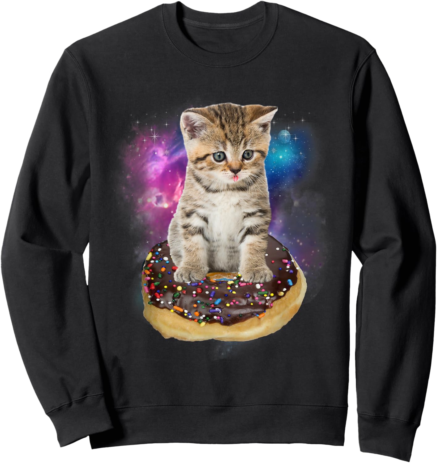Space Donut Cat Shirt | Flying Kitty Galaxy T Shirt Women Kids Sweatshirt - Sweatshirt | Black