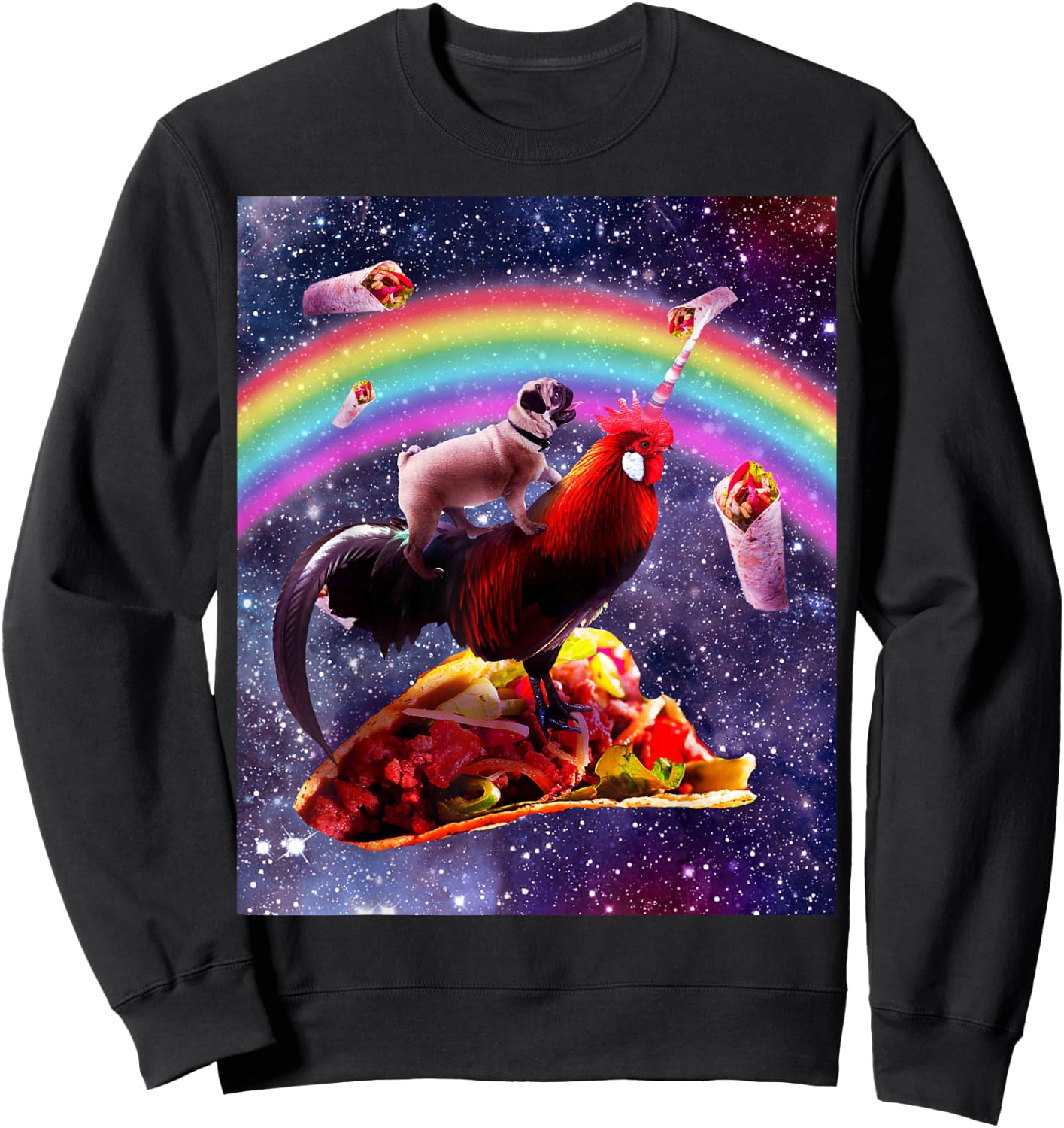 Space Pug Riding Chicken Unicorn - Taco & Burrito Sweatshirt - Sweatshirt | Black
