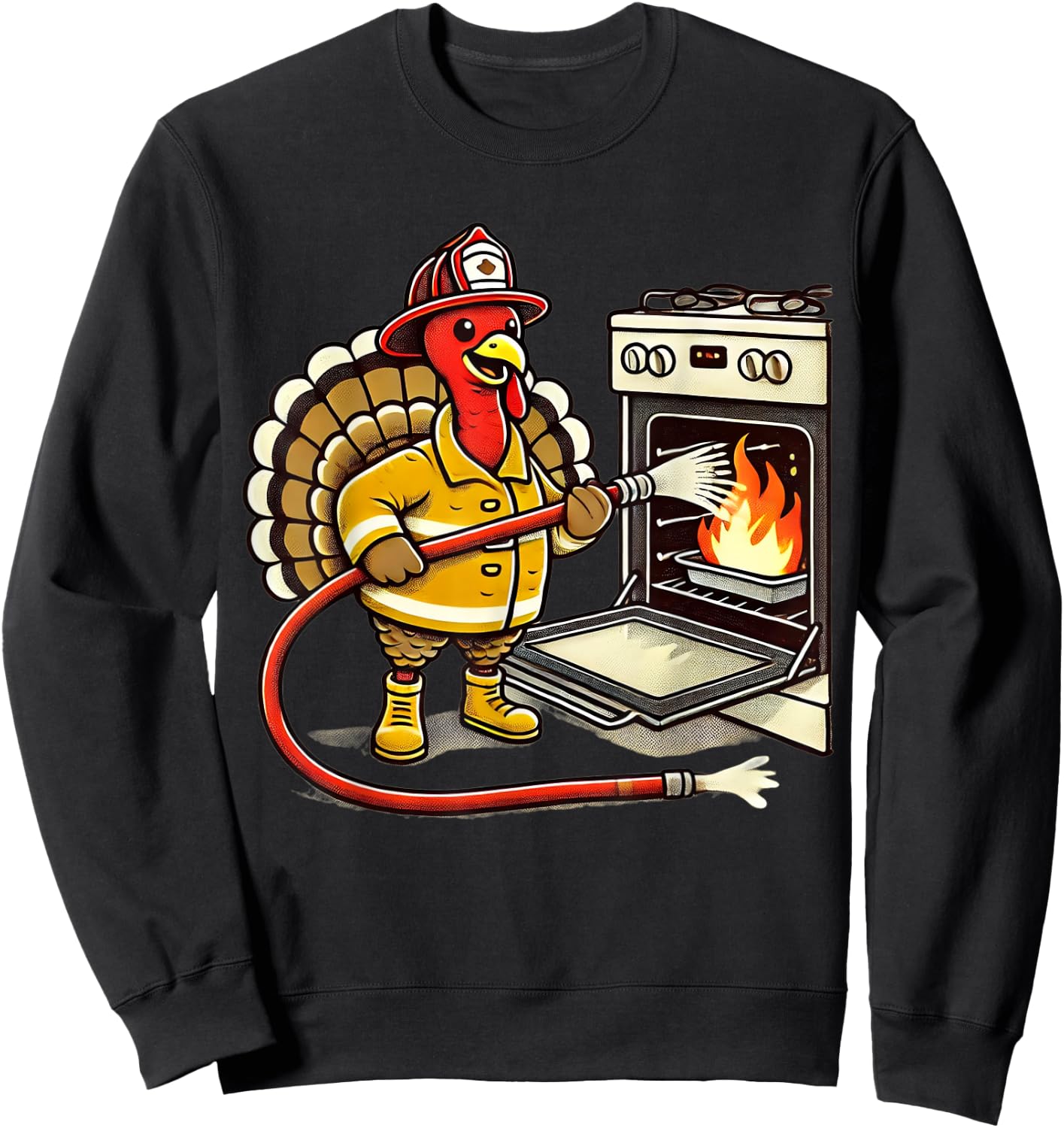 Firefighter Turkey Funny Thanksgiving Animal Oven Fire Hose Sweatshirt - Sweatshirt | Black