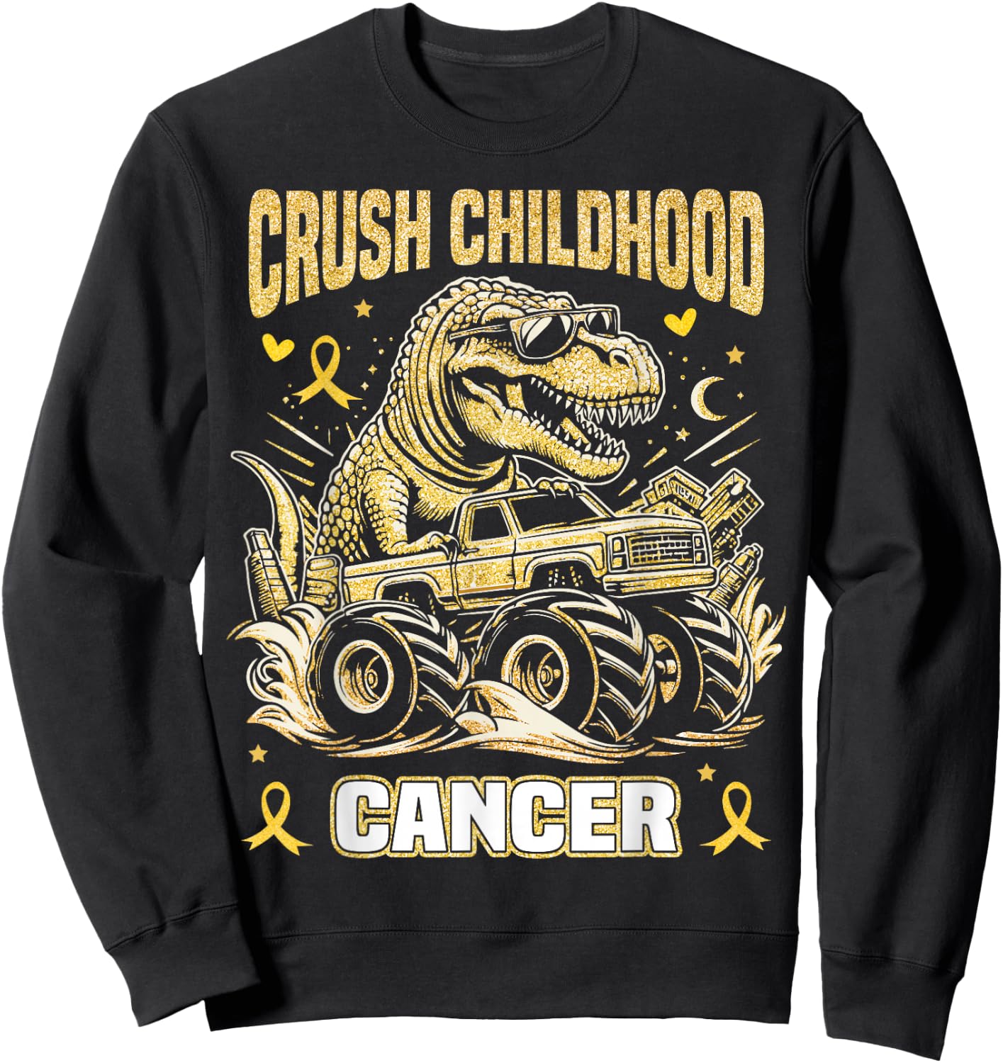 Crush Childhood Cancer Awareness Monster Truck Dinosaur Sweatshirt - Sweatshirt | Black
