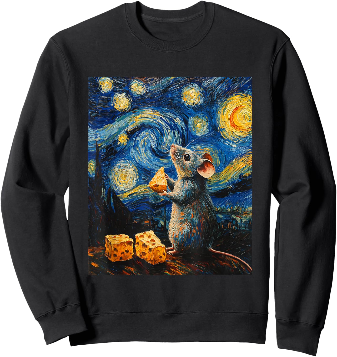 Cute Mouse Rat - Van Gogh Style - Starry Night Graphic Sweatshirt - Sweatshirt | Black