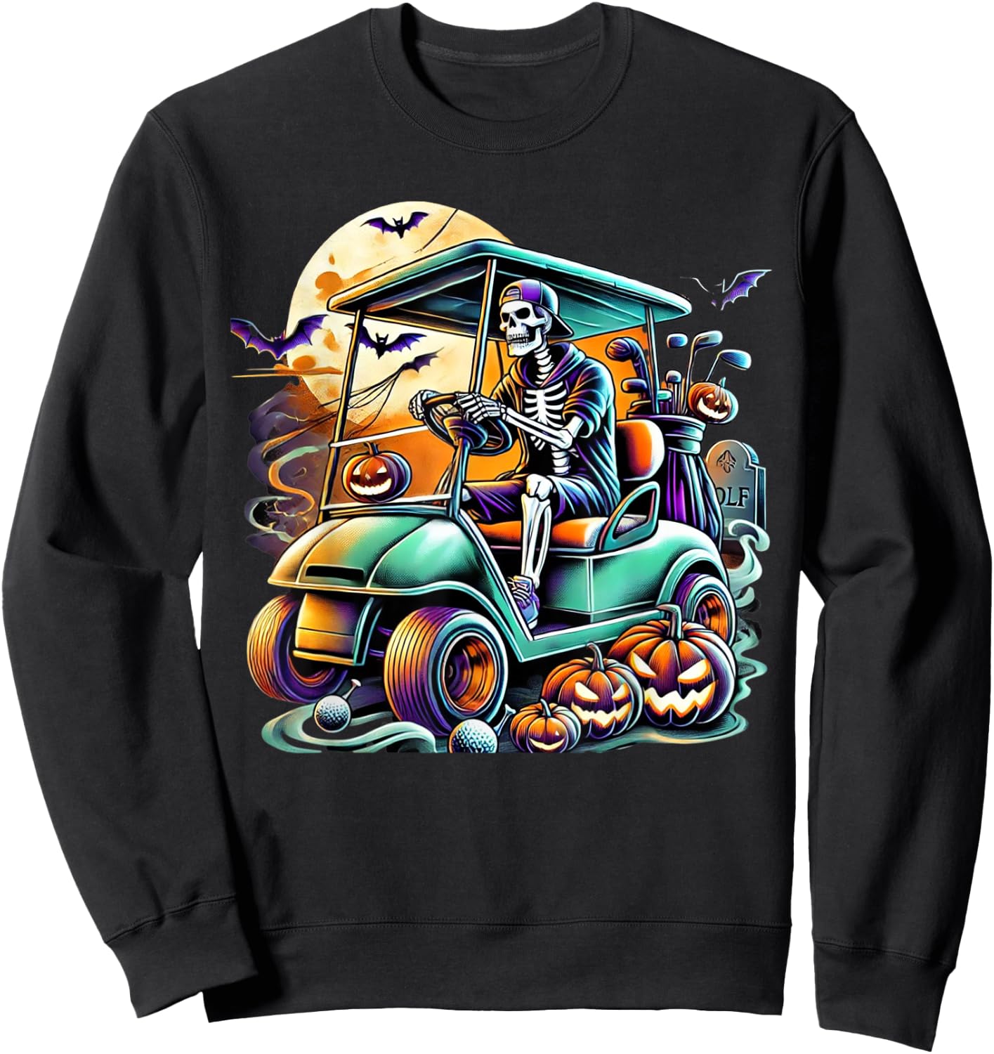 Funny Vintage Halloween Skeleton Golf Cart Golfer Men Women Sweatshirt - Sweatshirt | Black