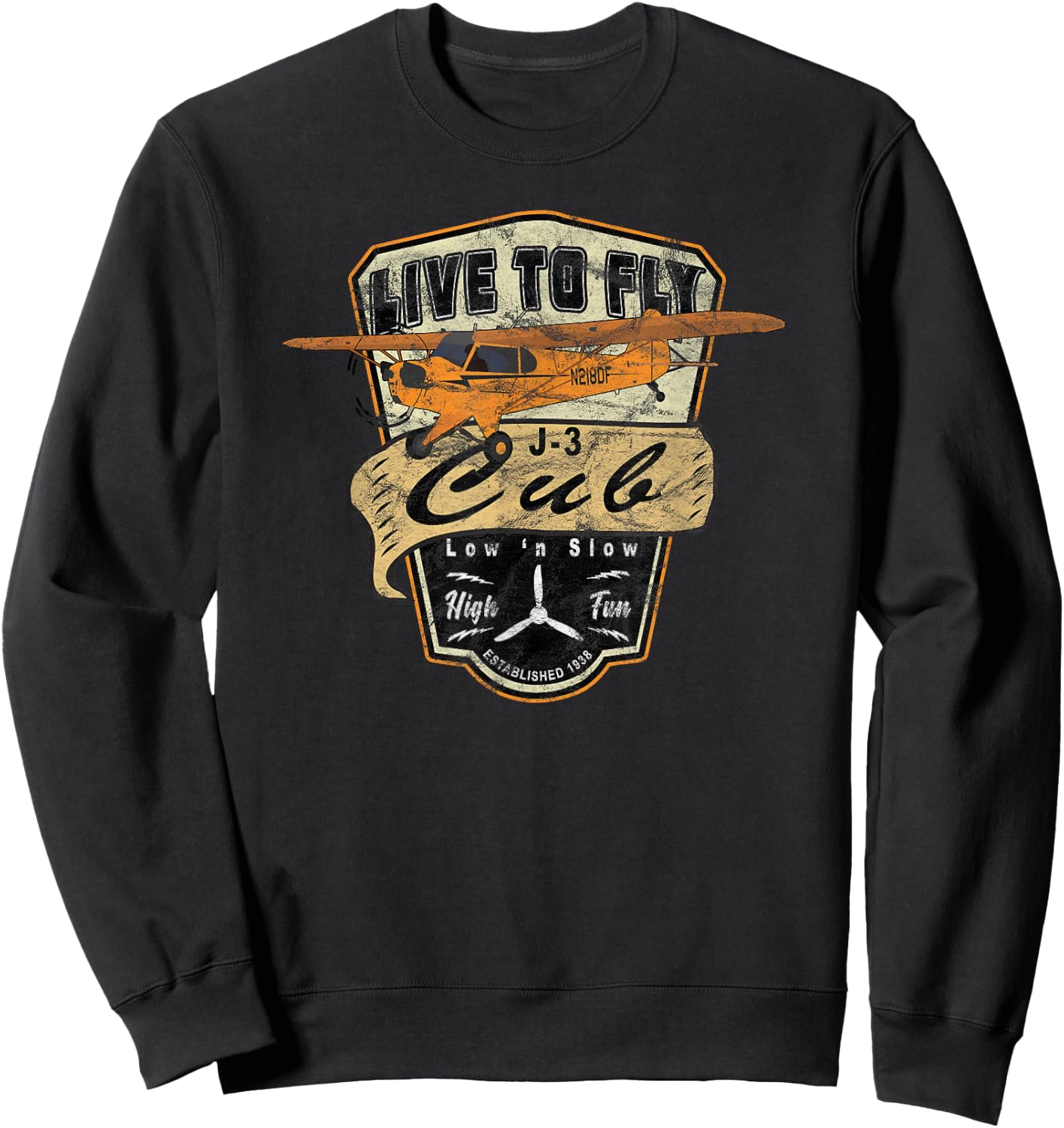 J-3 Cub Airplane "Live to Fly" Vintage Pilot Sweatshirt - Sweatshirt | Black