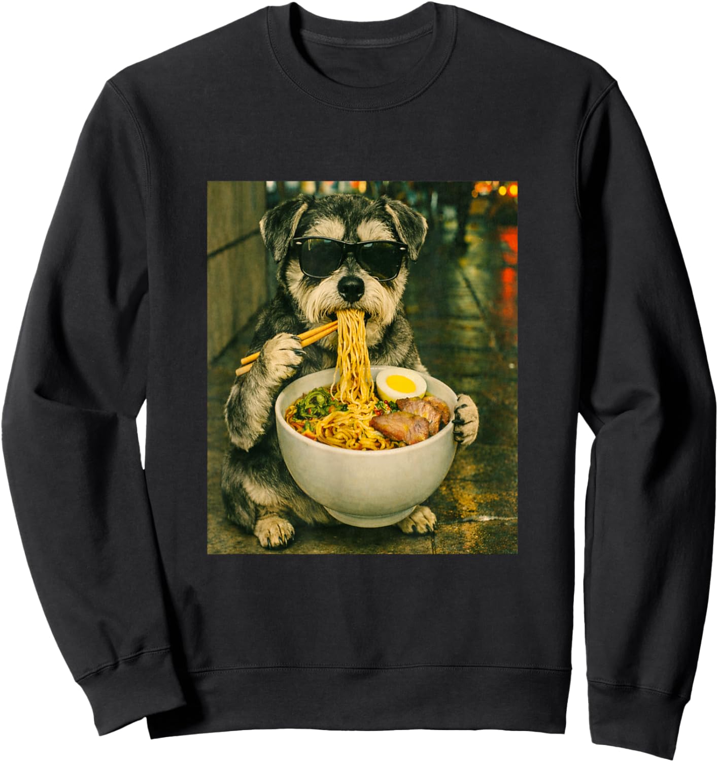 Schnauzer Eating Ramen Noodles Meme Retro Urban Sweatshirt - Sweatshirt | Black