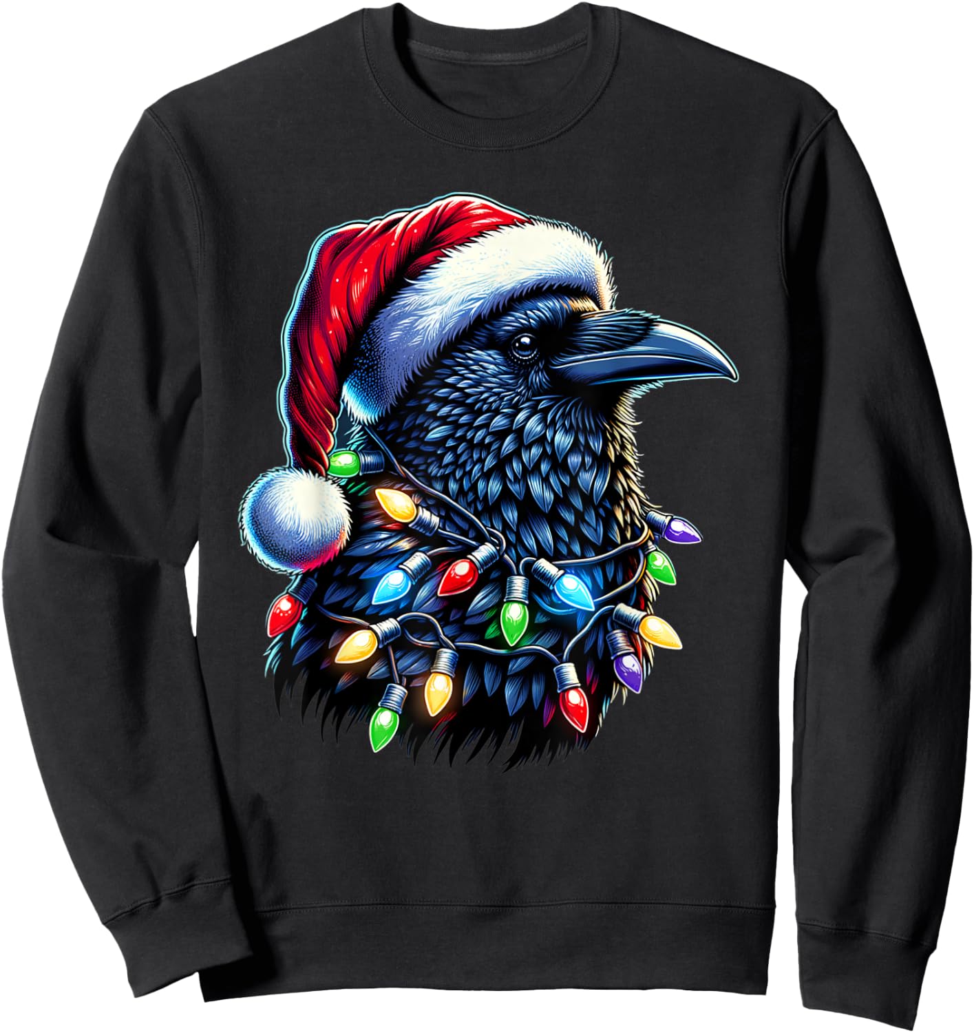 Raven Santa Christmas Tree Lighting Men Women Xmas Funny Sweatshirt - Sweatshirt | Black