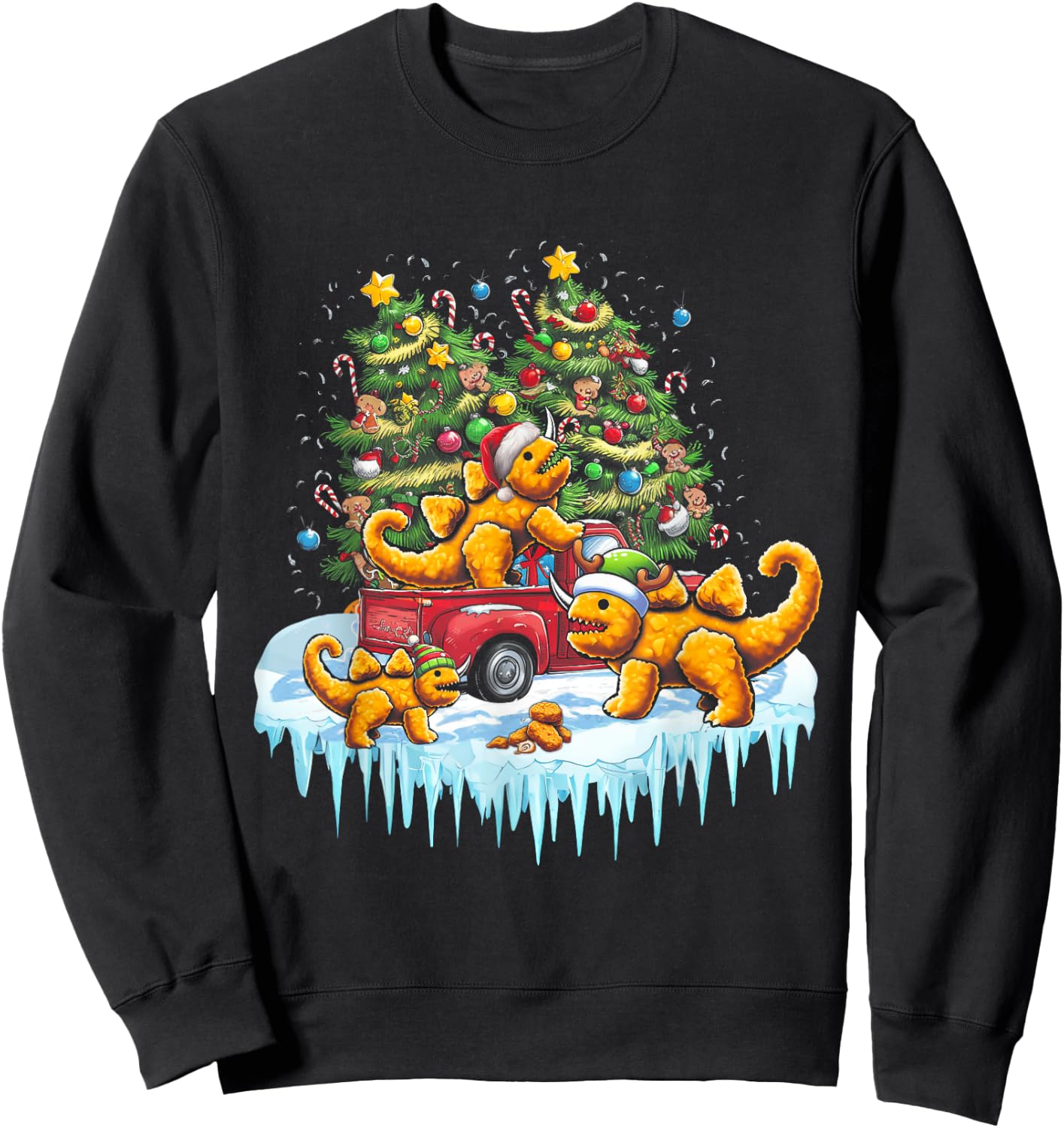 Dino Chicken Nuggets Funny Dinosaur Shape Nuggets Christmas Sweatshirt - Sweatshirt | Black