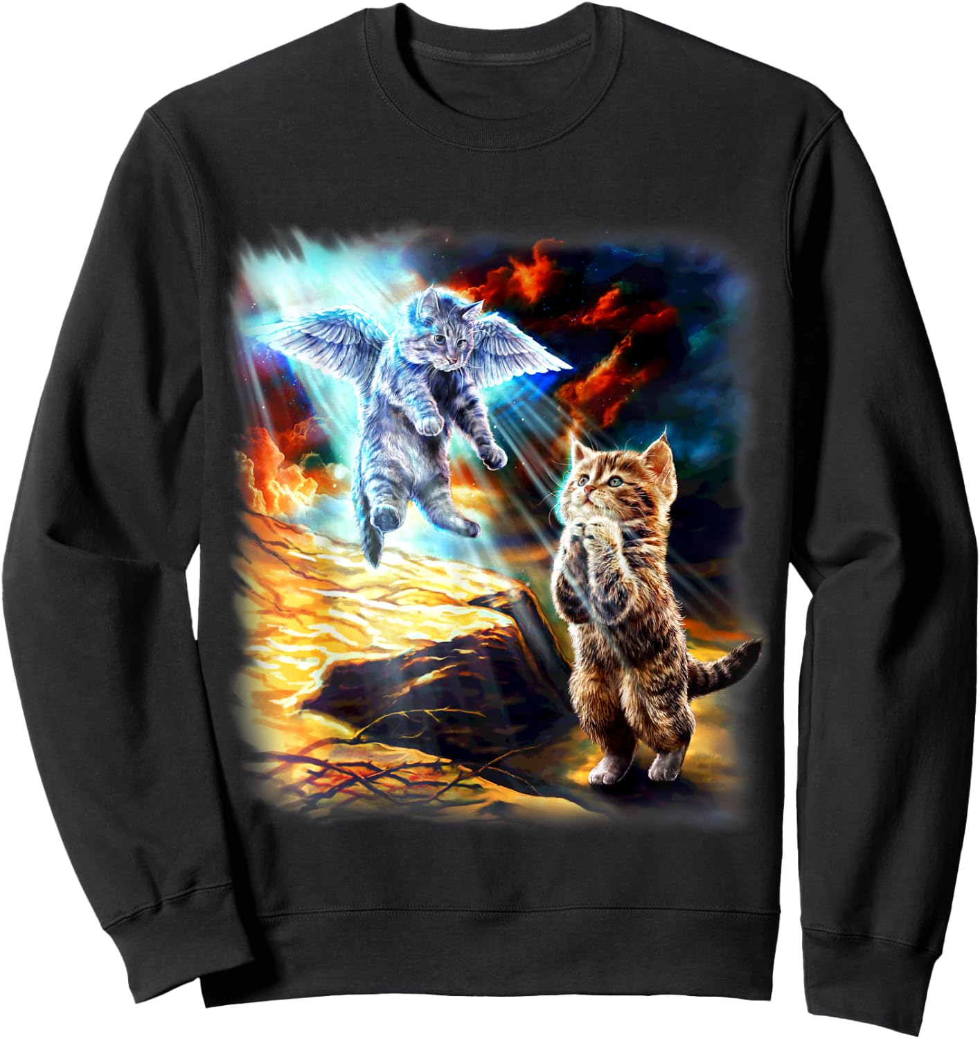 Angel Cat and Praying Companion in Fiery Sky Men Women Kids Sweatshirt - Sweatshirt | Black