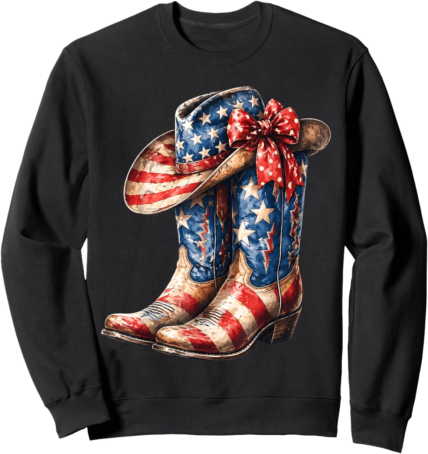 4th of July Cowgirl Boots Patriotic Women Girl Sweatshirt - Sweatshirt | Black