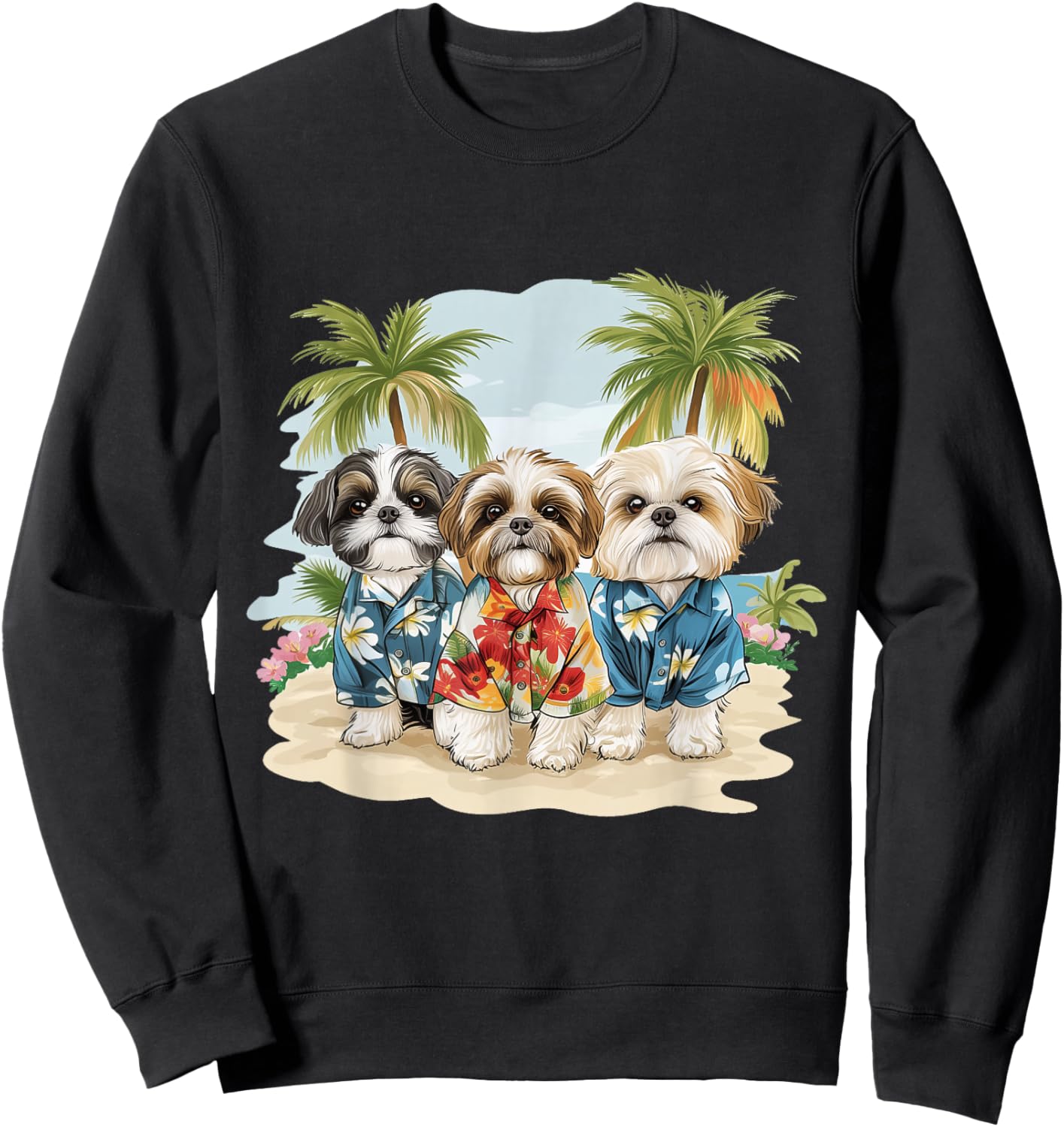 Cute Shih Tzu Dogs Hawaiian Tops Palm Trees Ocean Colorful Sweatshirt - Sweatshirt | Black