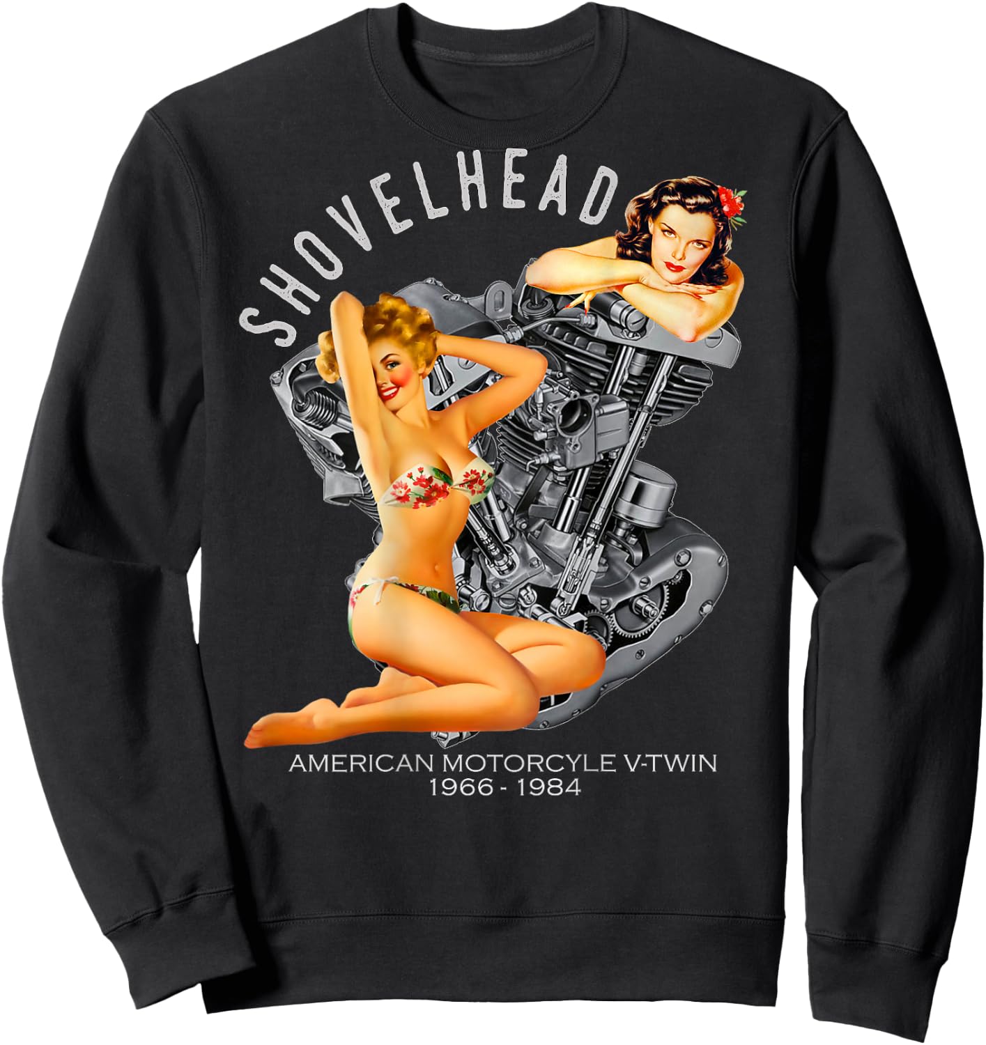 Shovelhead Retro Pinup V-Twin Engine 1966 Motorcycle Gear Sweatshirt - Sweatshirt | Black