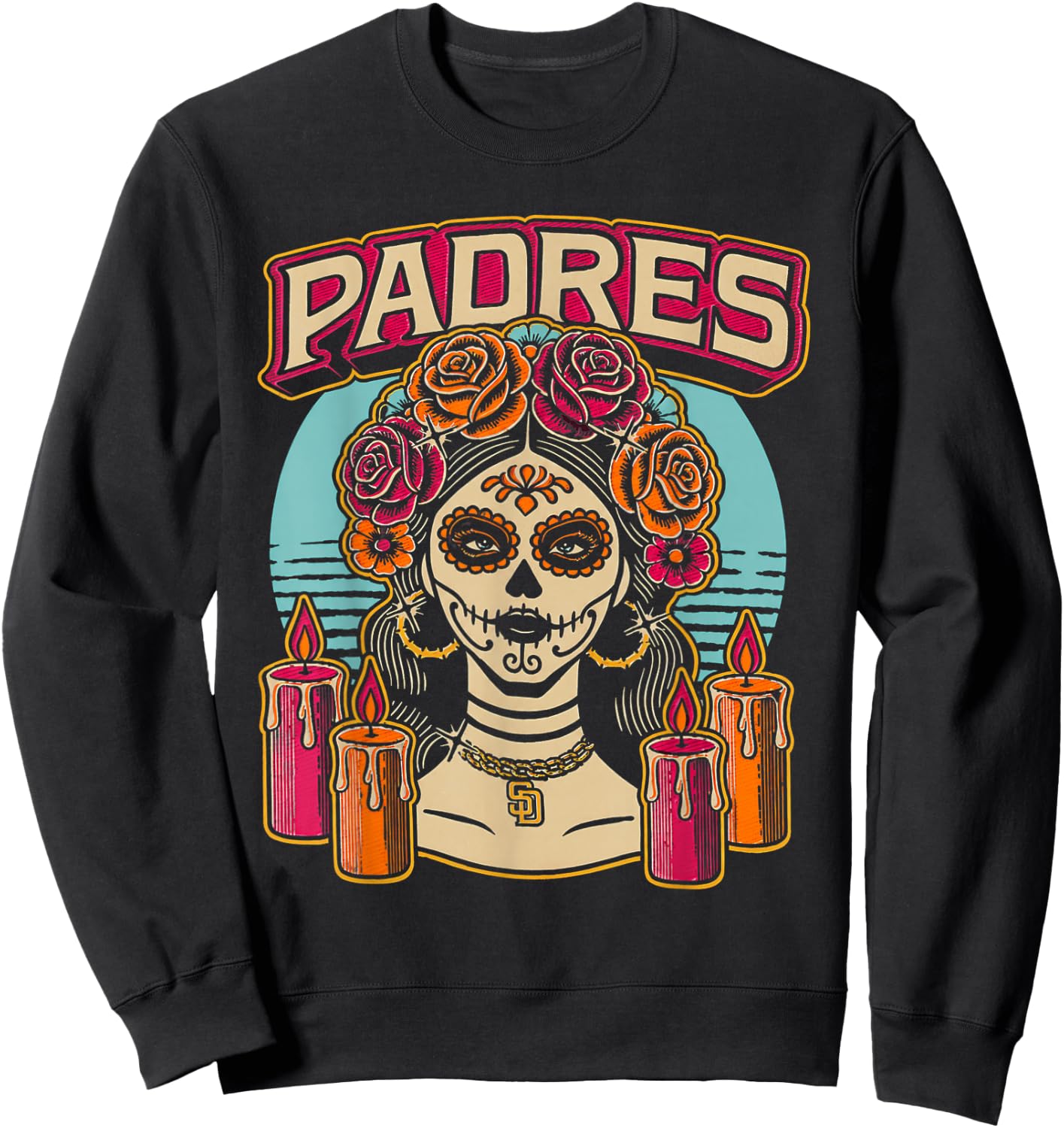 Vintage Padres Sugar Skull Catrina Roses Baseball Fan Sweatshirt - Sweatshirt | Black