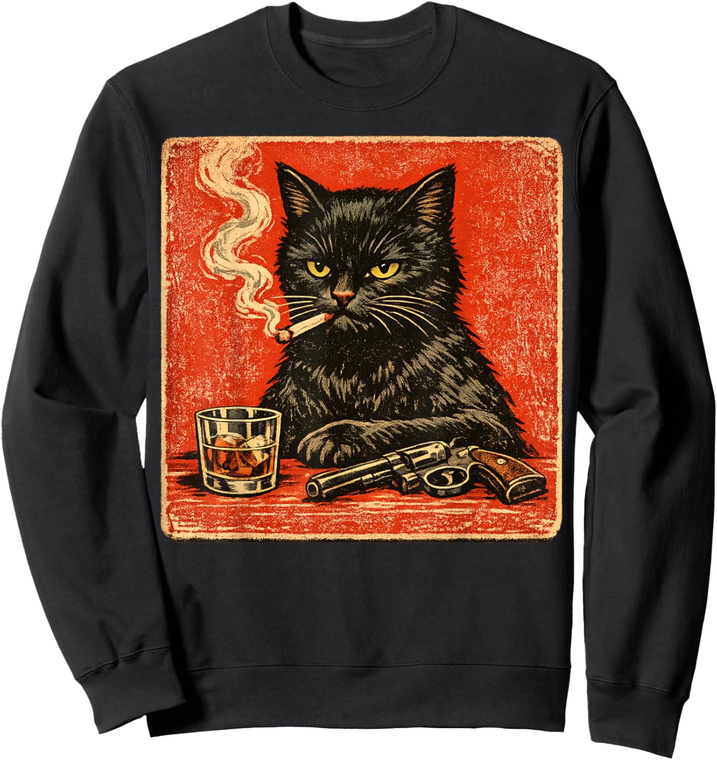 Black cat Smoking Cigarette and Drinking with Gun Sweatshirt - Sweatshirt | Black