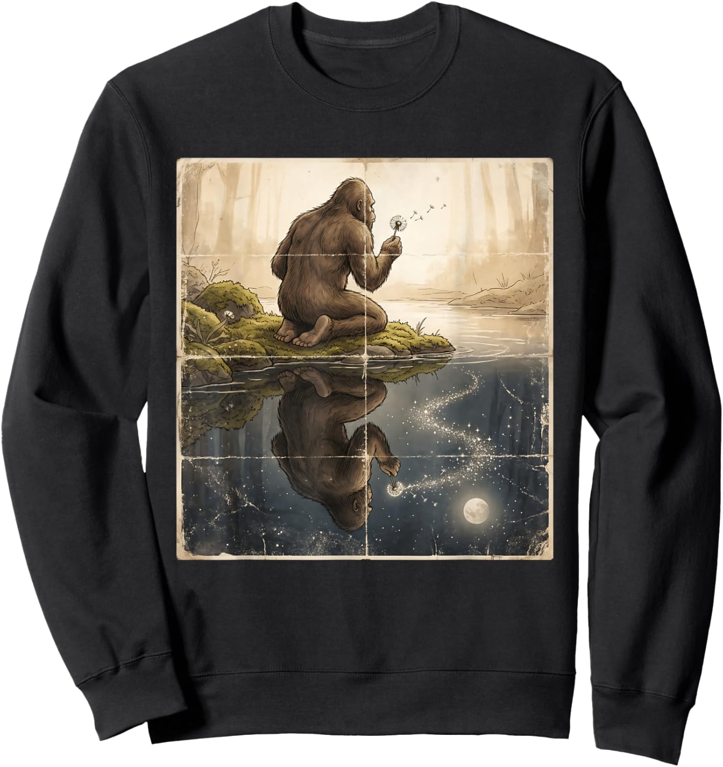 Bigfoot Blowing Dandelion Vintage Sasquatch Yeti Sweatshirt - Sweatshirt | Black